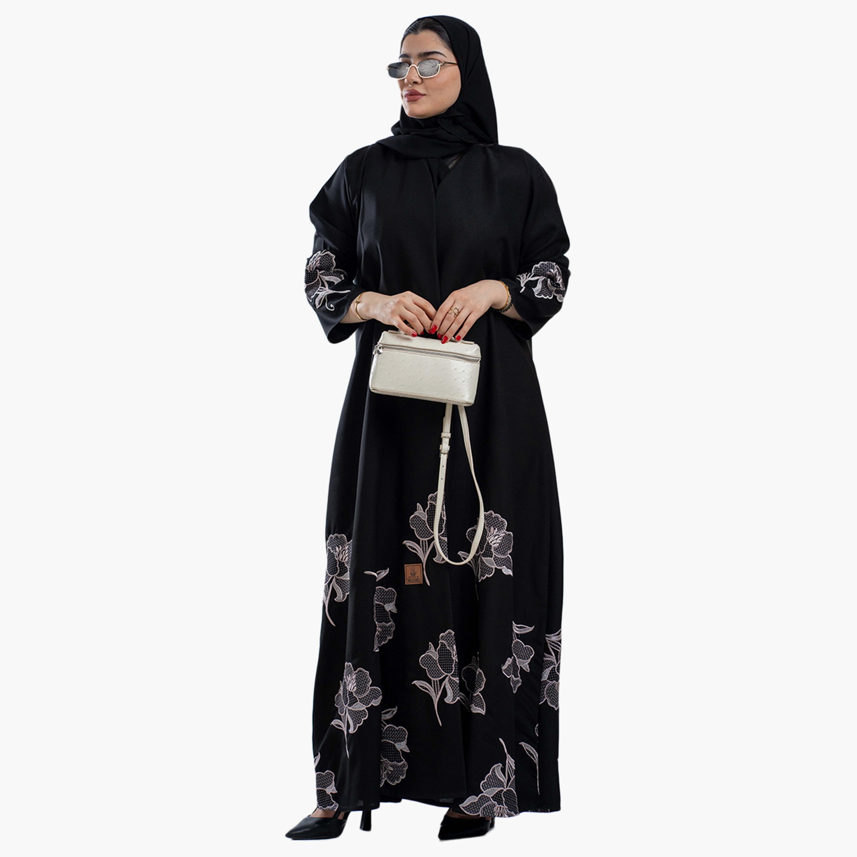 Zahiyh Black Floral Embroidered Women's Cloche Abaya with Hijab-women-arabicclothing-abayas-image-2