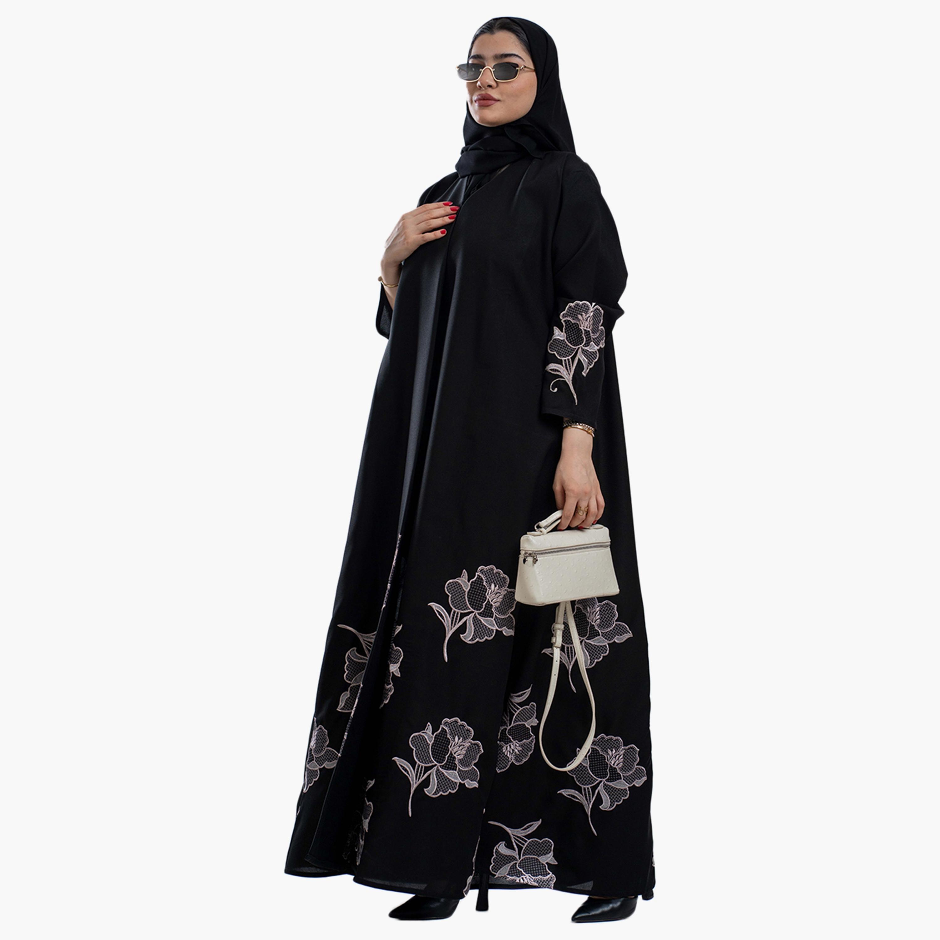 Zahiyh Black Floral Embroidered Women's Cloche Abaya with Hijab-women-arabicclothing-abayas-image-3