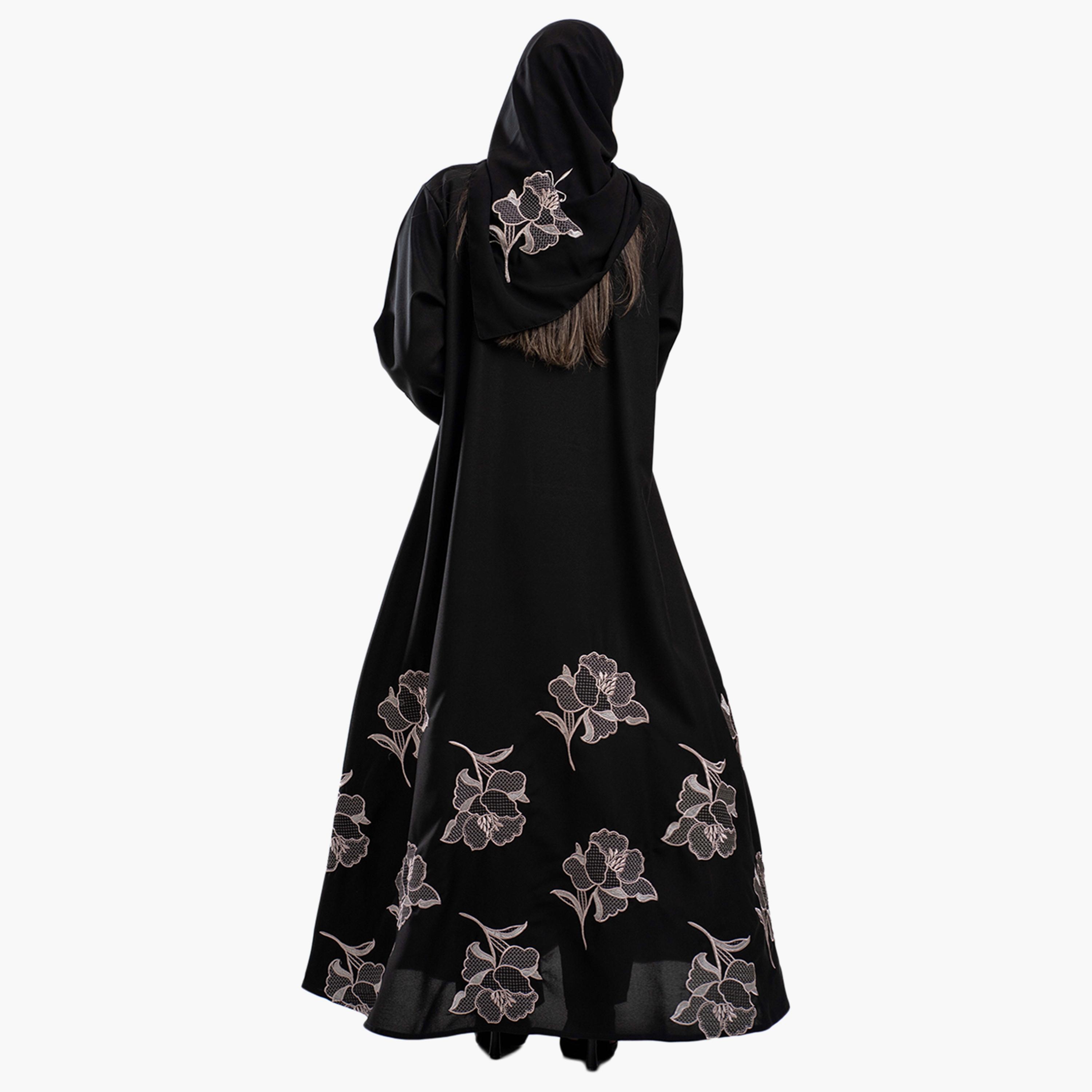 Zahiyh Black Floral Embroidered Women's Cloche Abaya with Hijab-women-arabicclothing-abayas-image-4