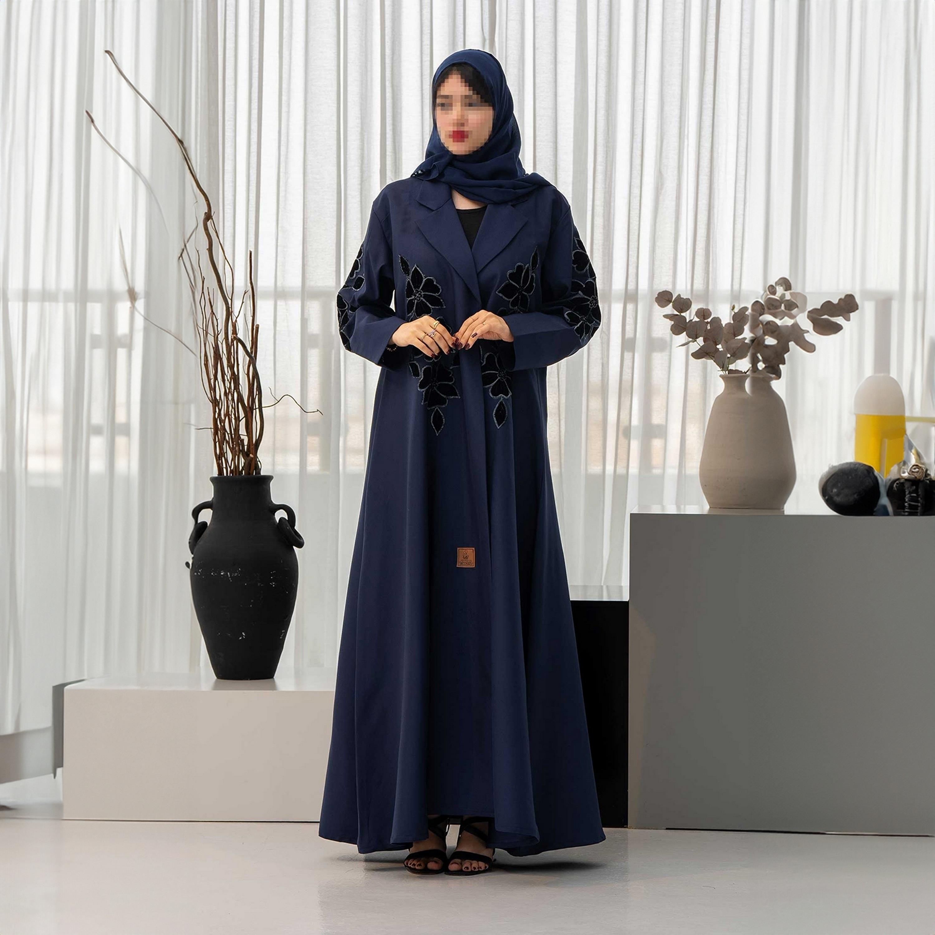 Zahiyh Navy Blue Lapel Collar Floral Embroidered Women's Cloche Abaya with Hijab-women-arabicclothing-abayas-image-1