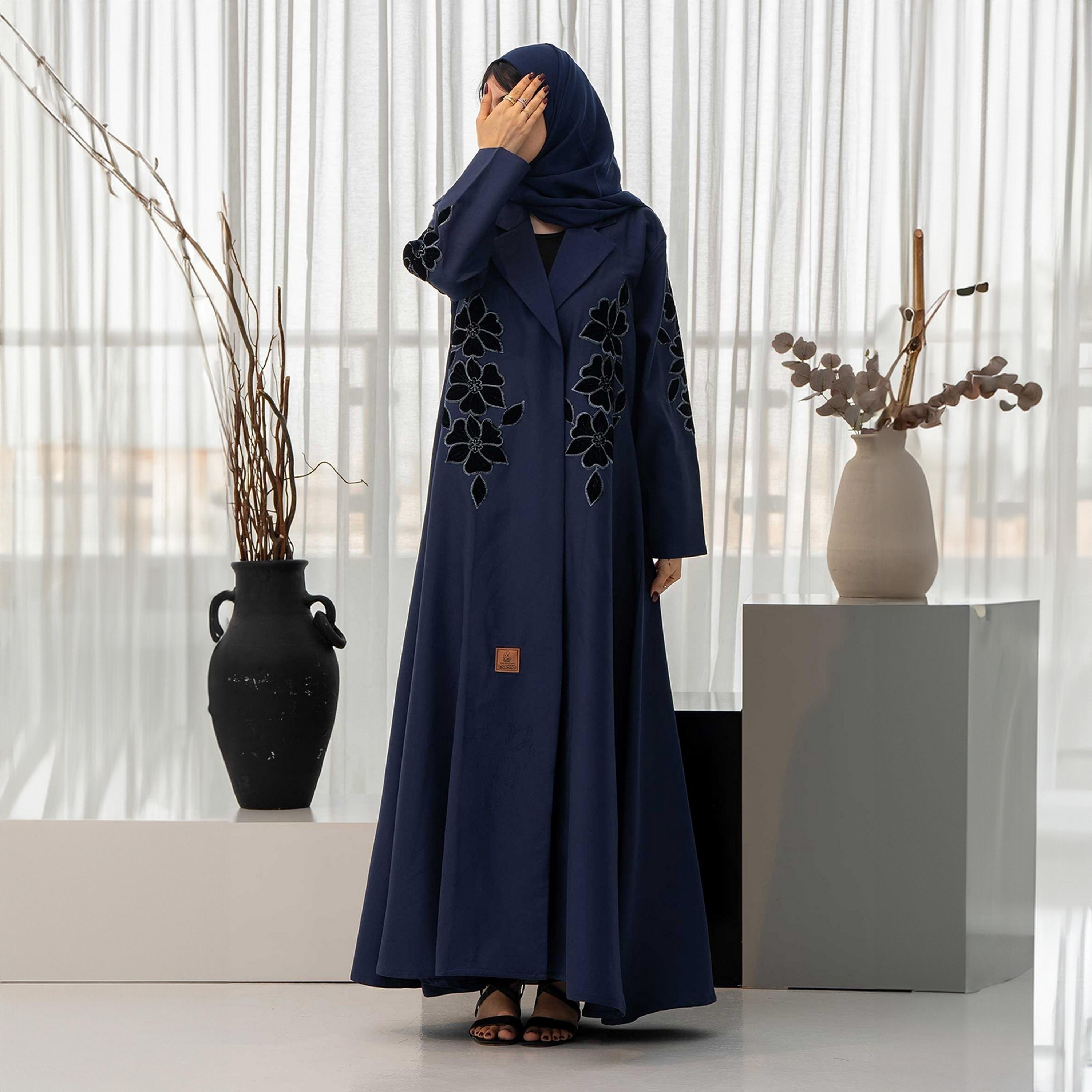 Zahiyh Navy Blue Lapel Collar Floral Embroidered Women's Cloche Abaya with Hijab-women-arabicclothing-abayas-image-2