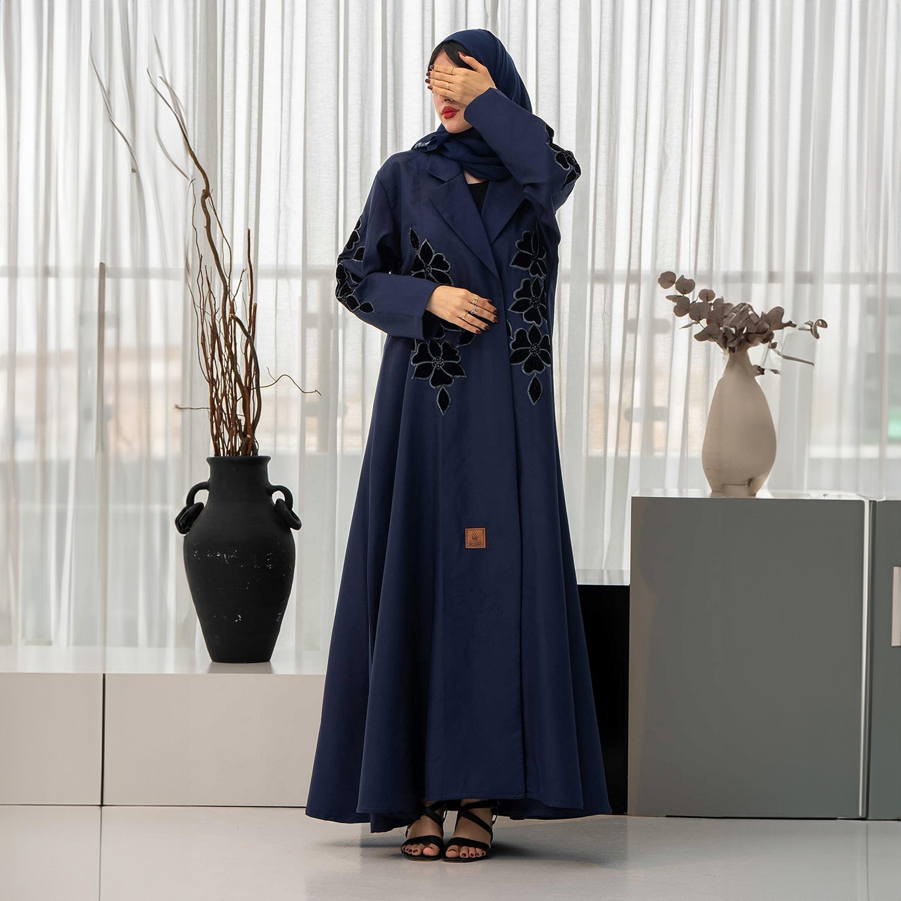 Zahiyh Navy Blue Lapel Collar Floral Embroidered Women's Cloche Abaya with Hijab-women-arabicclothing-abayas-image-3