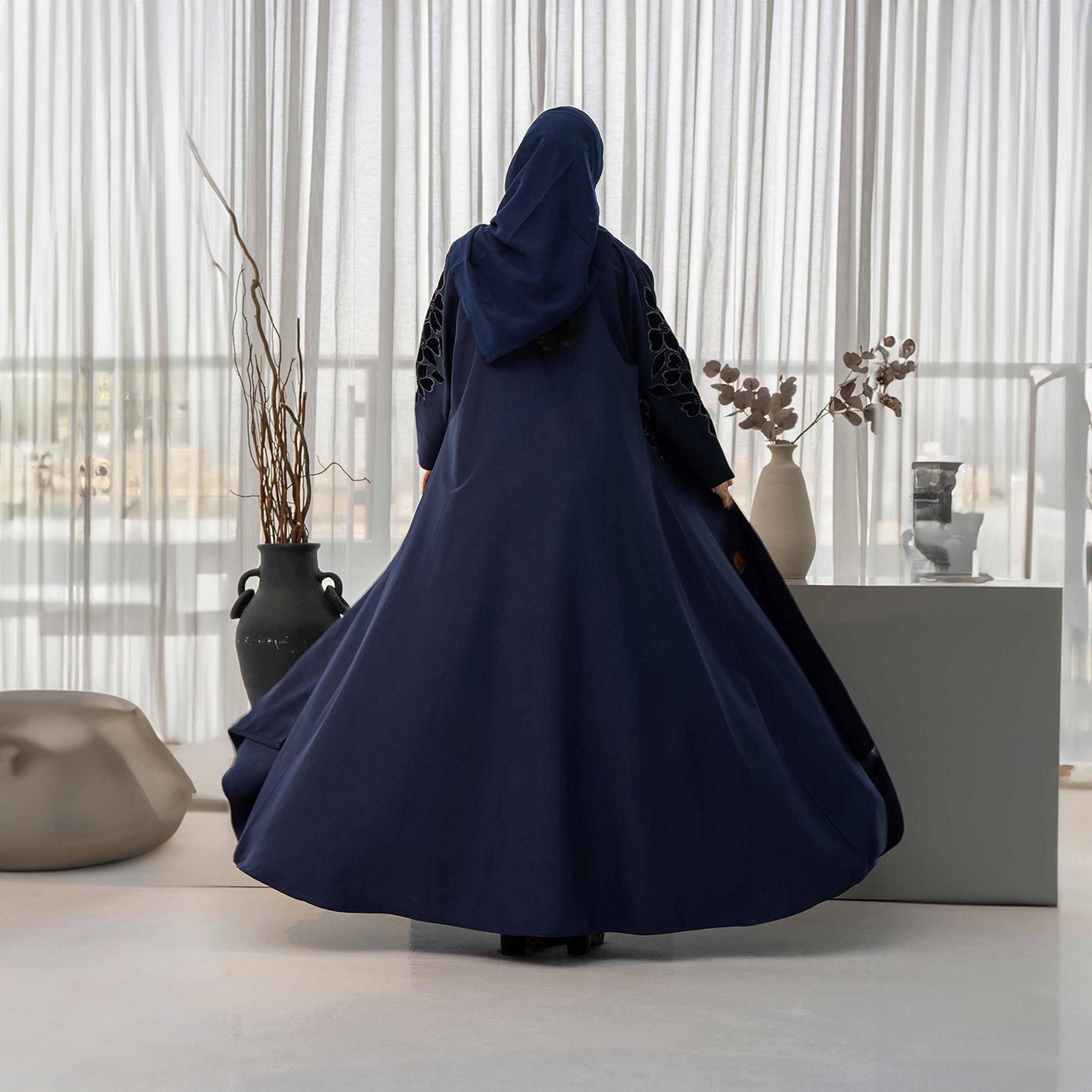 Zahiyh Navy Blue Lapel Collar Floral Embroidered Women's Cloche Abaya with Hijab-women-arabicclothing-abayas-image-4