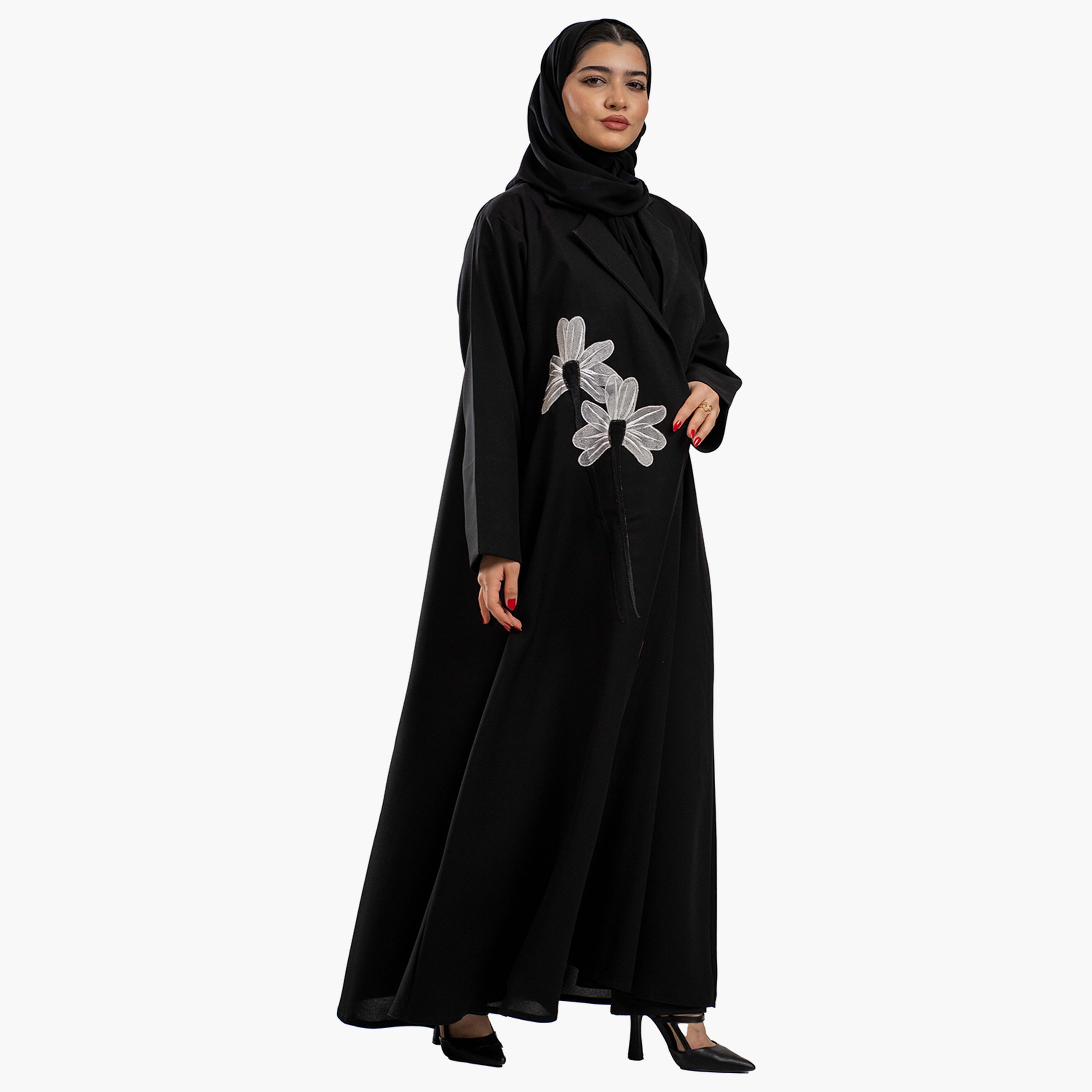 عباية نسائية سوداء مطرزة بياقة مطوية مع حجاب من زاهيه-women-arabicclothing-abayas-image-3