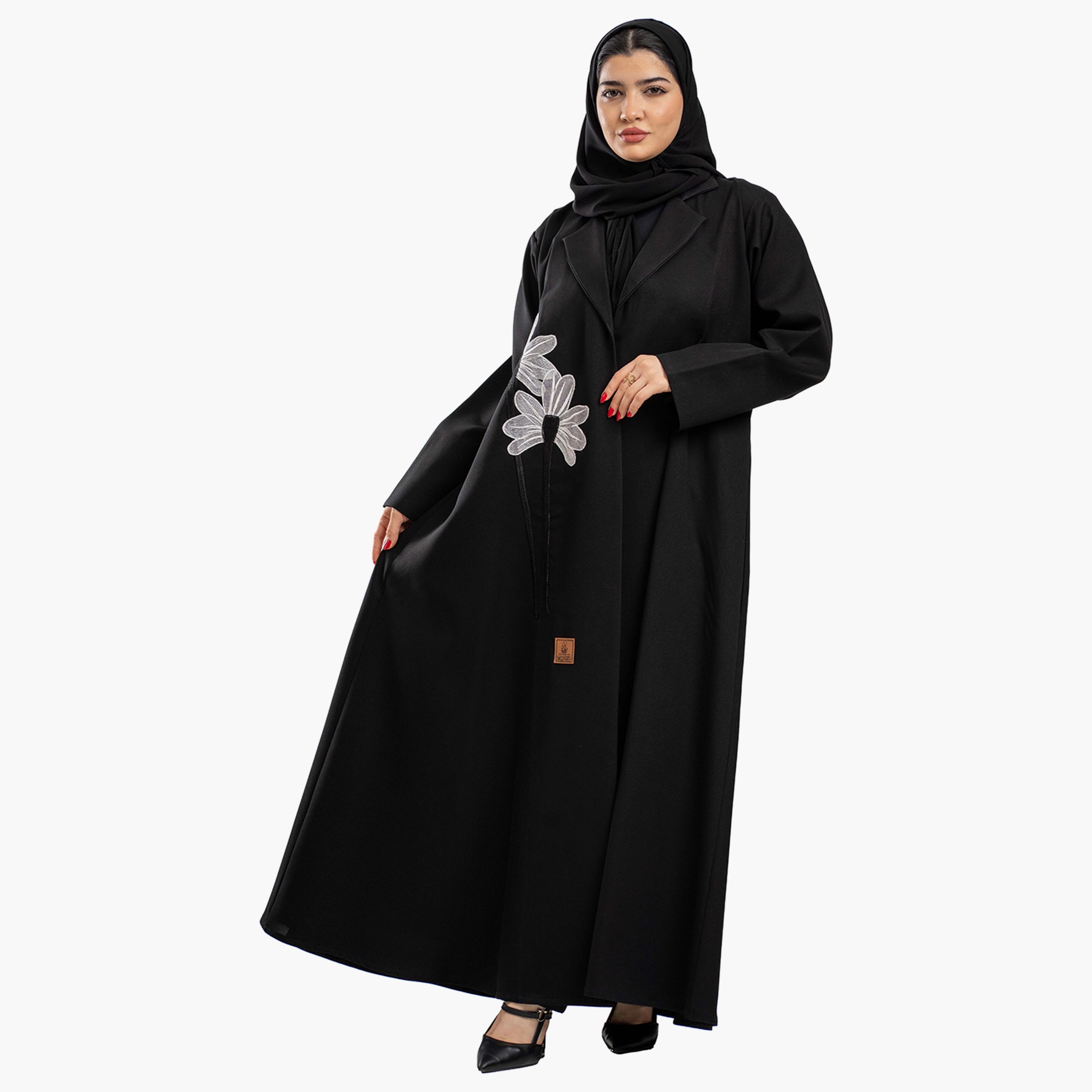 عباية نسائية سوداء مطرزة بياقة مطوية مع حجاب من زاهيه-women-arabicclothing-abayas-image-4