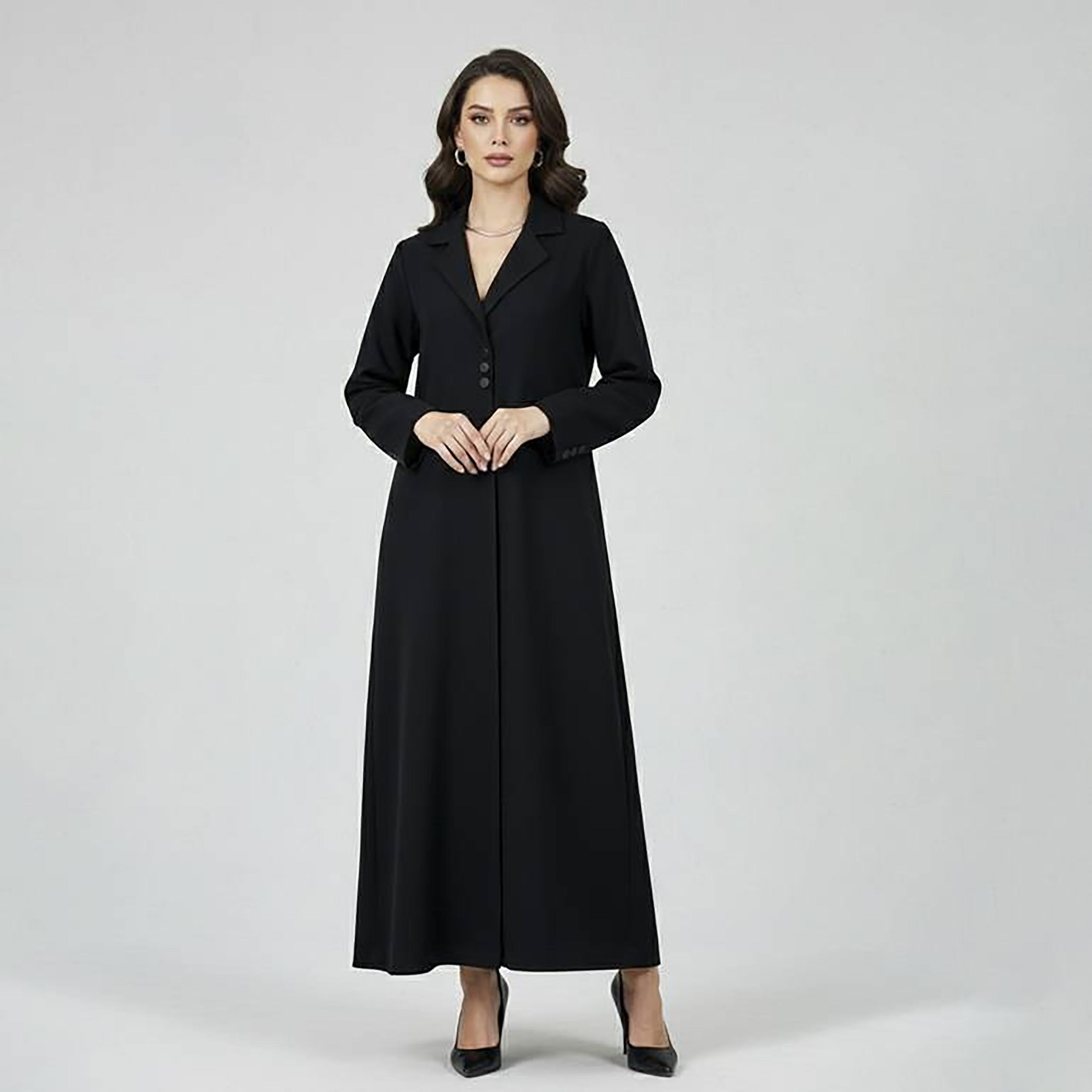 Hawraa Abaya Black Lapel Collar Linen Women's Formal Blazer Style Abaya-women-arabicclothing-abayas-image-1