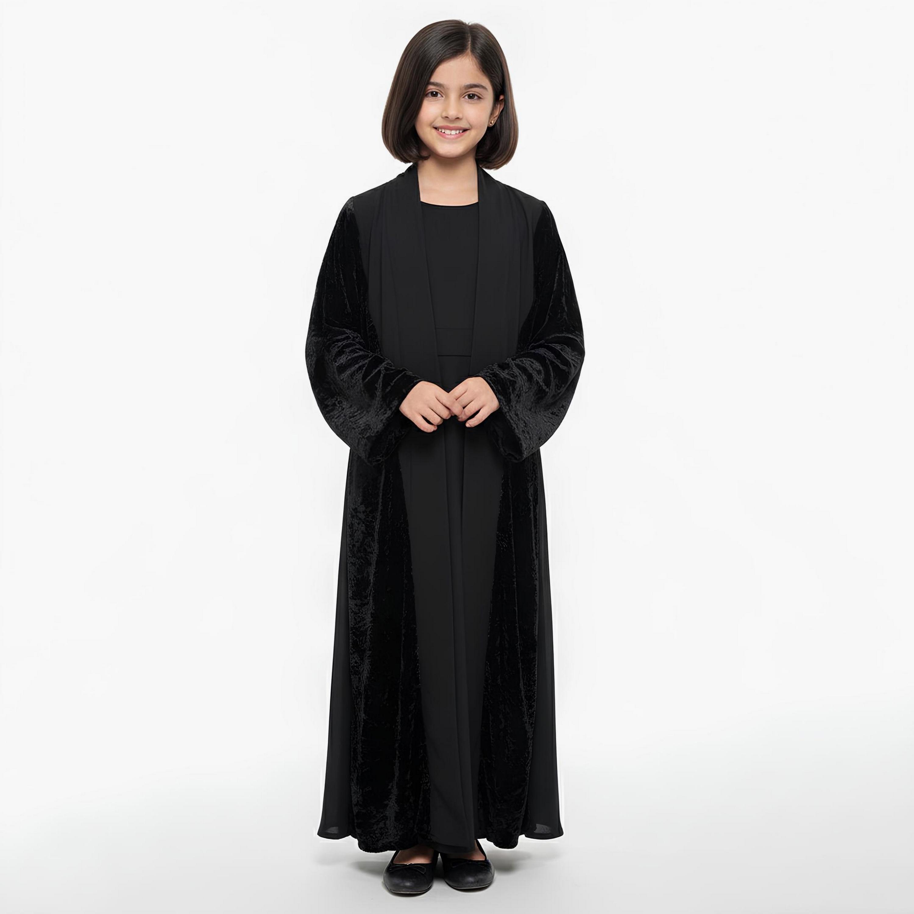 Hawraa Black Dual Tone Velvet Sleeves Linen Girls Abaya-girls-arabicclothing-abayas-image-1