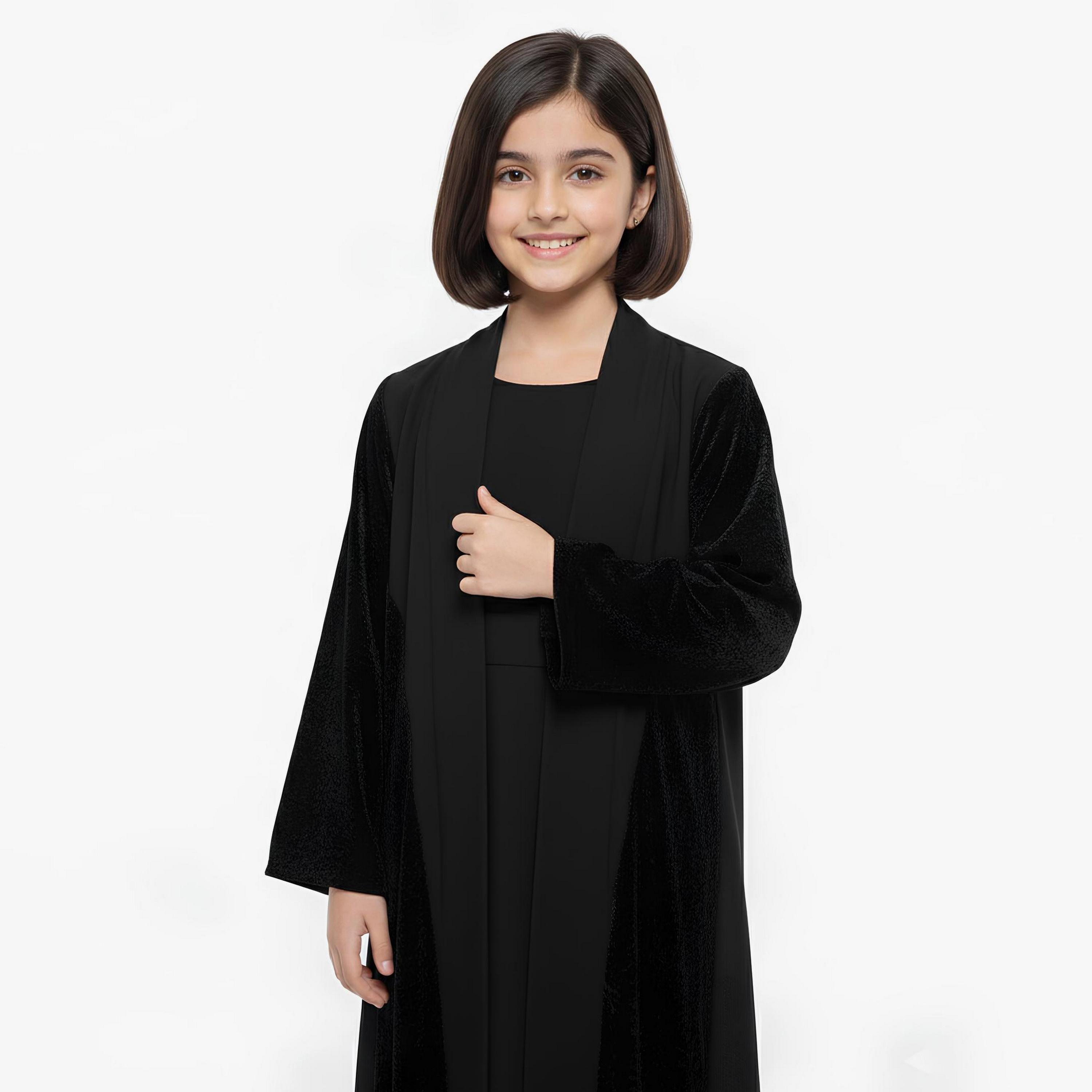 Hawraa Black Dual Tone Velvet Sleeves Linen Girls Abaya-girls-arabicclothing-abayas-image-2