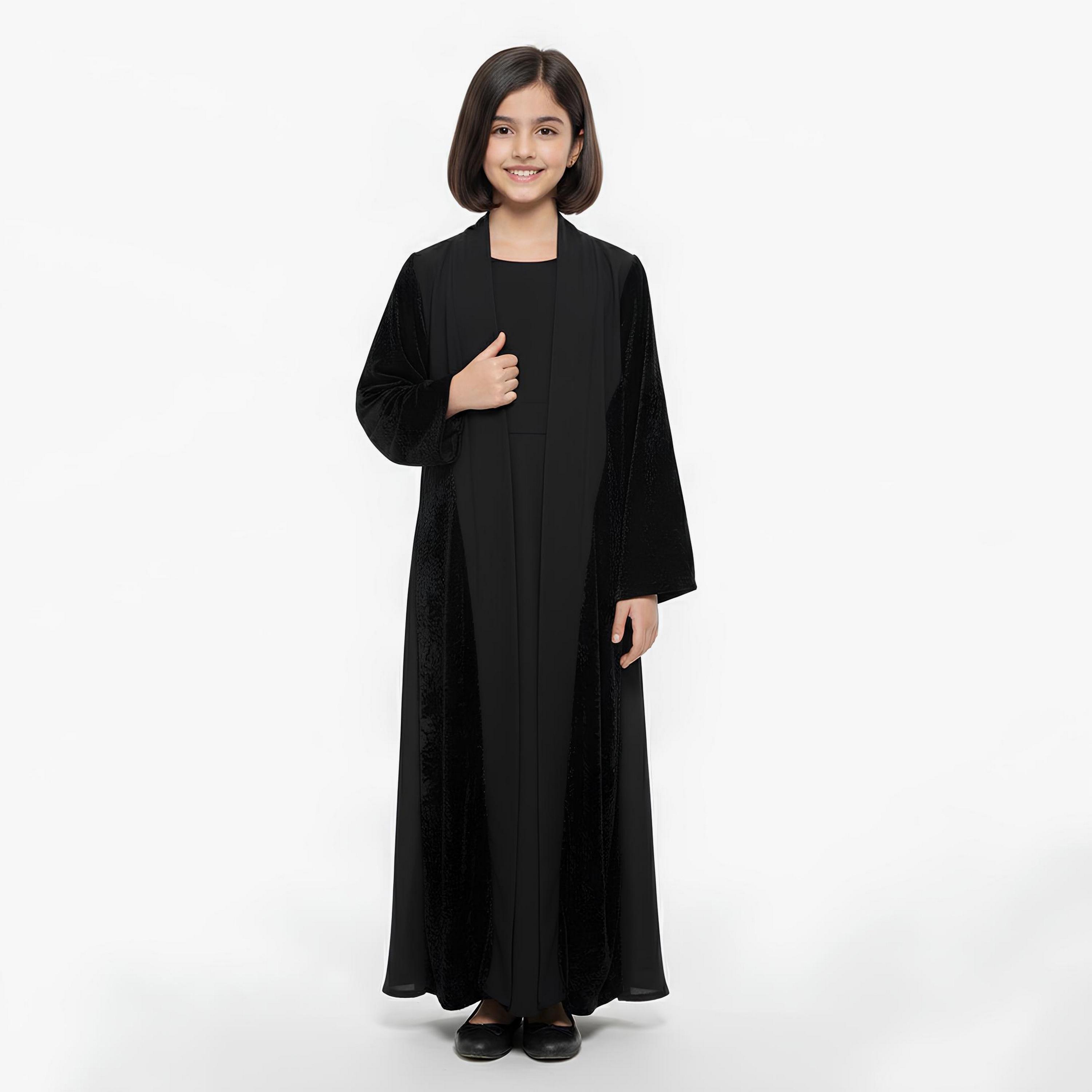 Hawraa Black Dual Tone Velvet Sleeves Linen Girls Abaya-girls-arabicclothing-abayas-image-3
