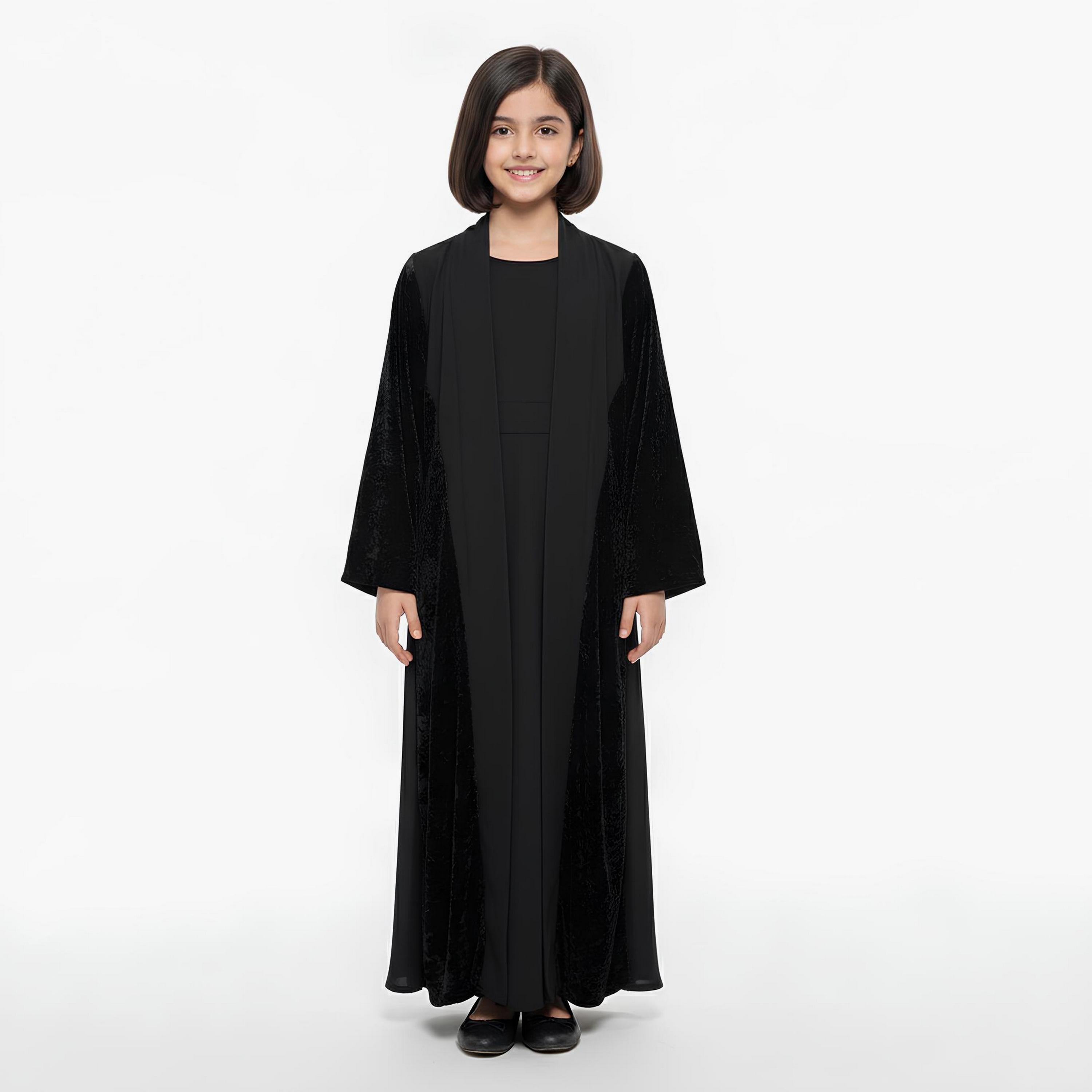 Hawraa Black Dual Tone Velvet Sleeves Linen Girls Abaya-girls-arabicclothing-abayas-image-4