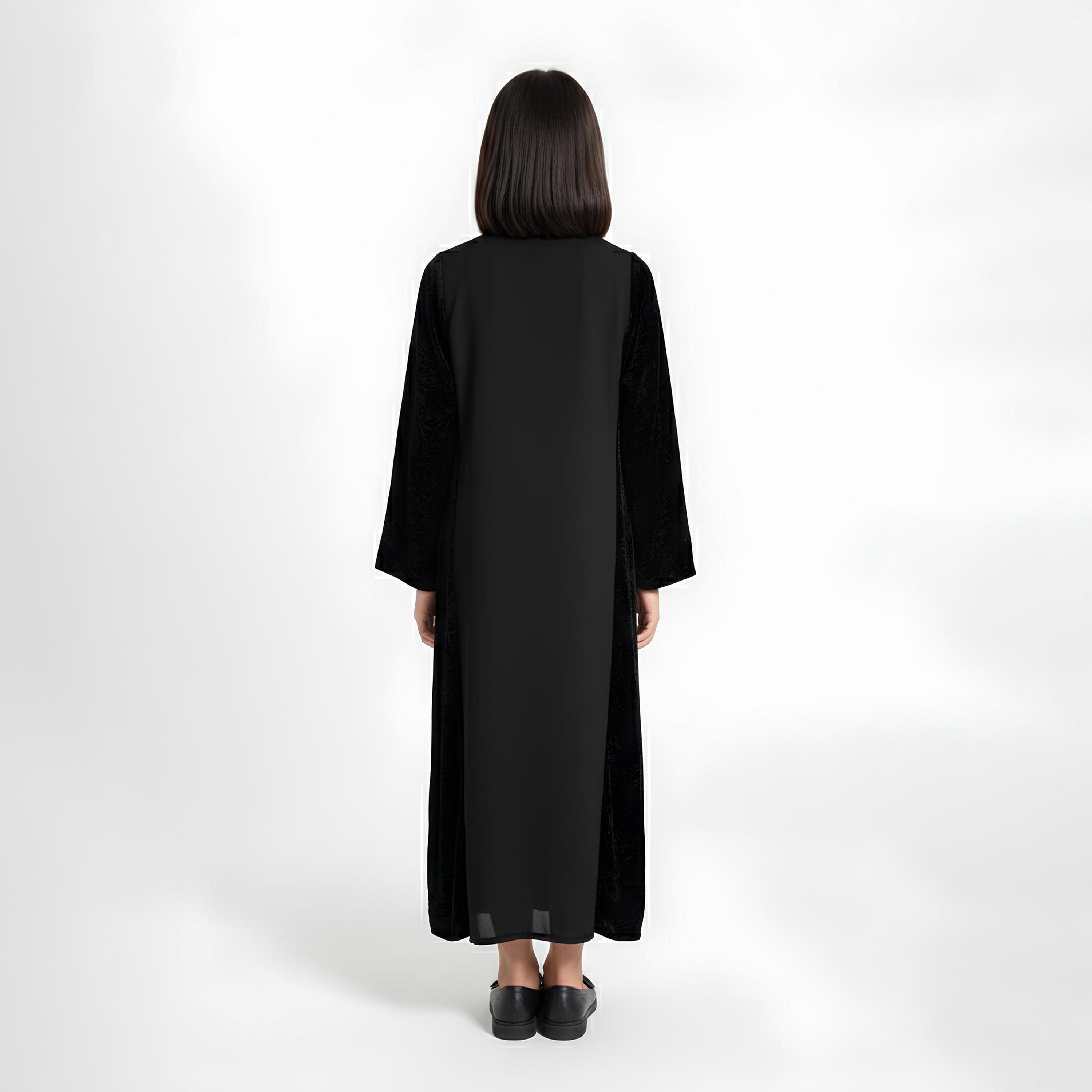 Hawraa Black Dual Tone Velvet Sleeves Linen Girls Abaya-girls-arabicclothing-abayas-image-5