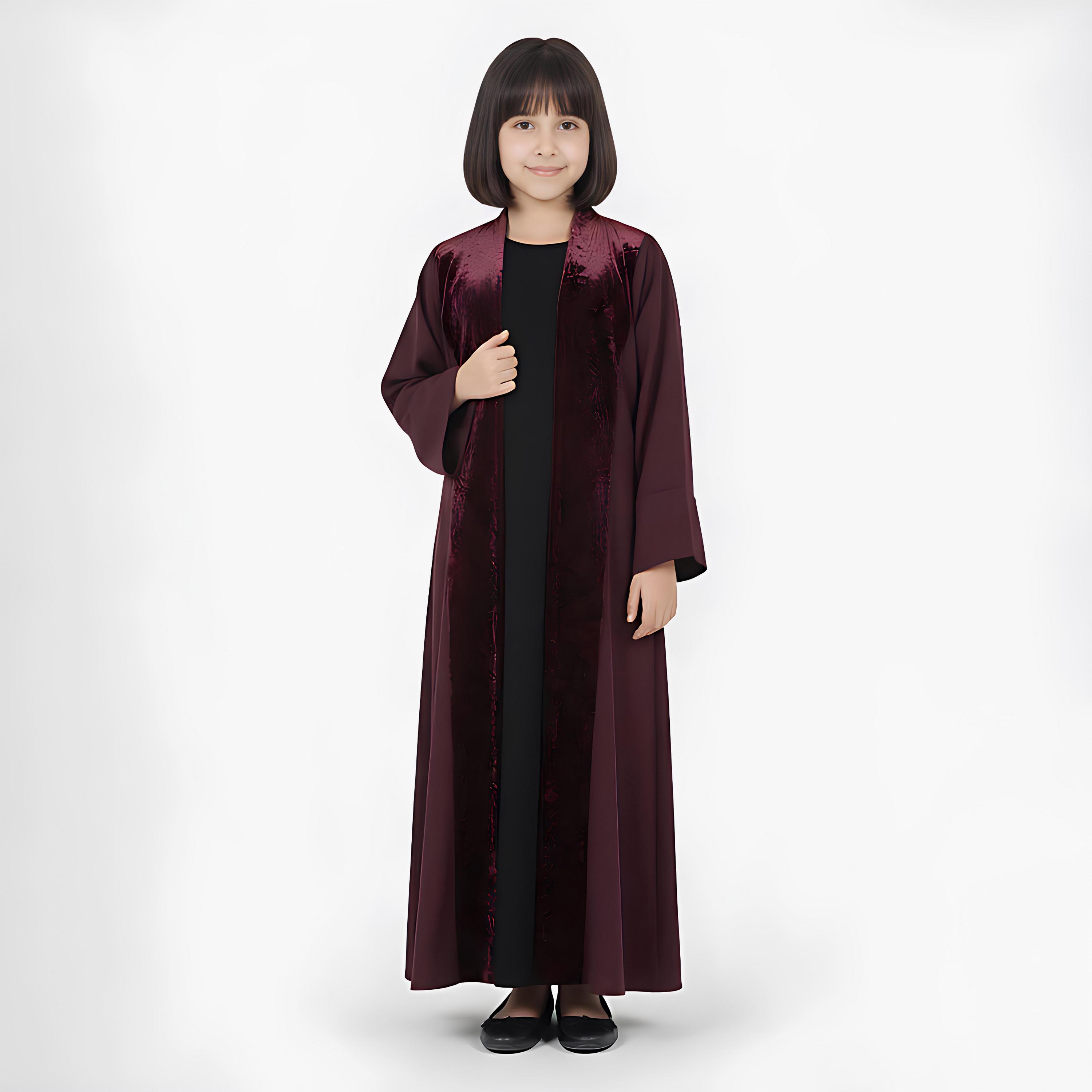 Hawraa Burgundy Dual Tone Linen Girls Abaya-girls-arabicclothing-abayas-image-1