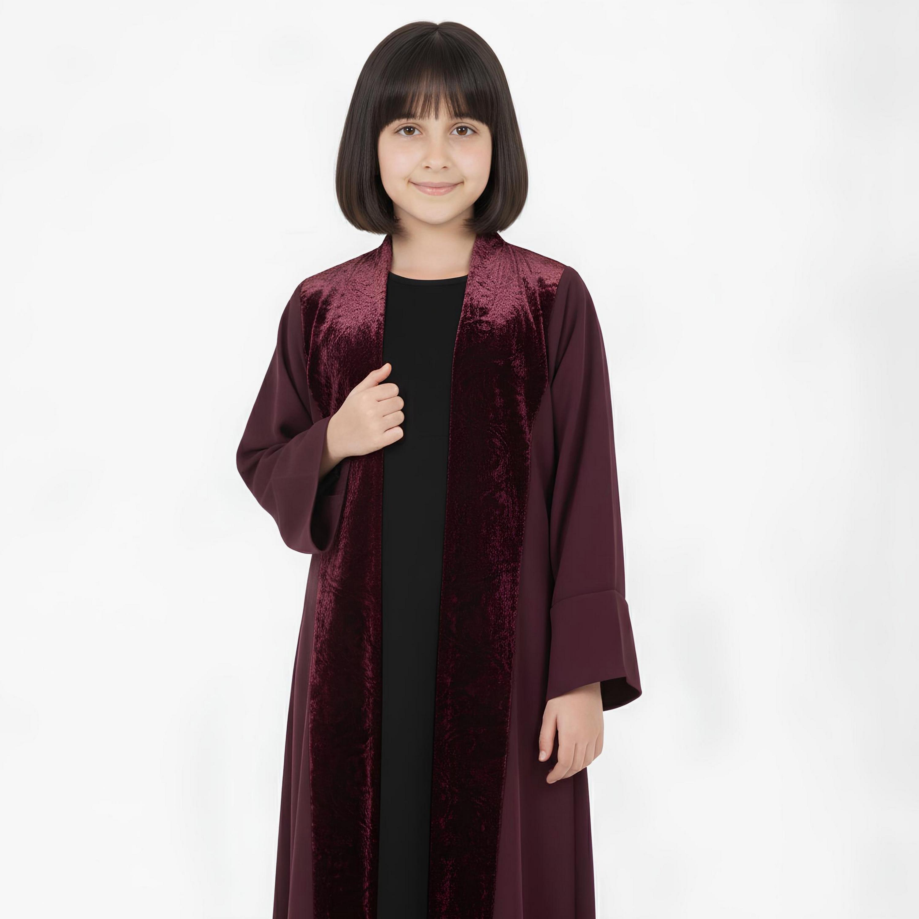 Hawraa Burgundy Dual Tone Linen Girls Abaya-girls-arabicclothing-abayas-image-2