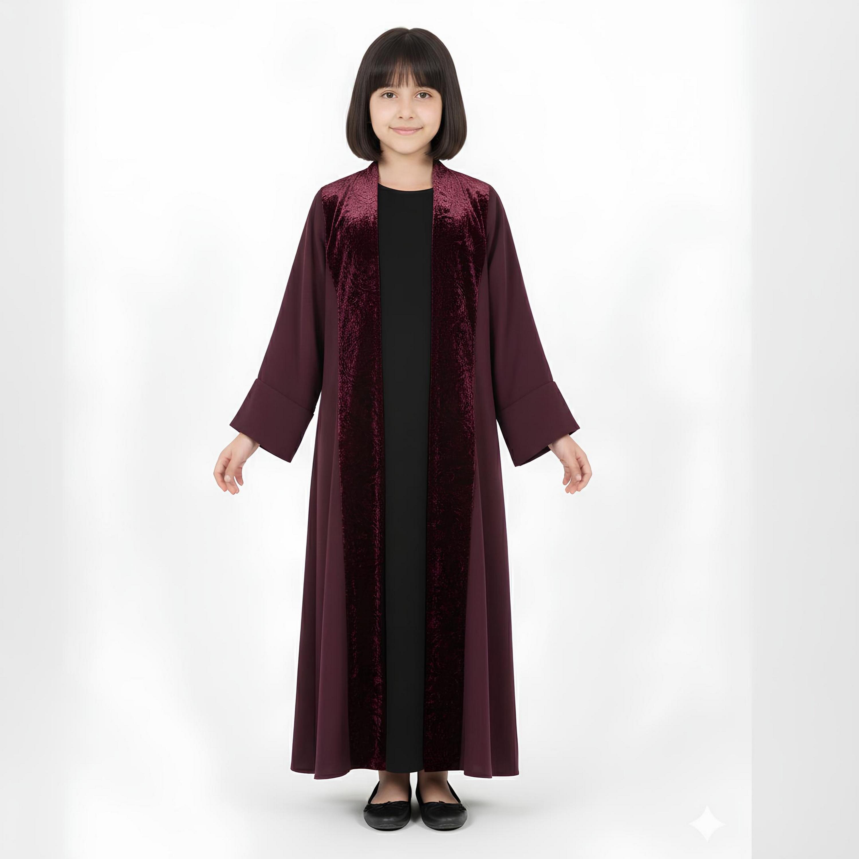 Hawraa Burgundy Dual Tone Linen Girls Abaya-girls-arabicclothing-abayas-image-3