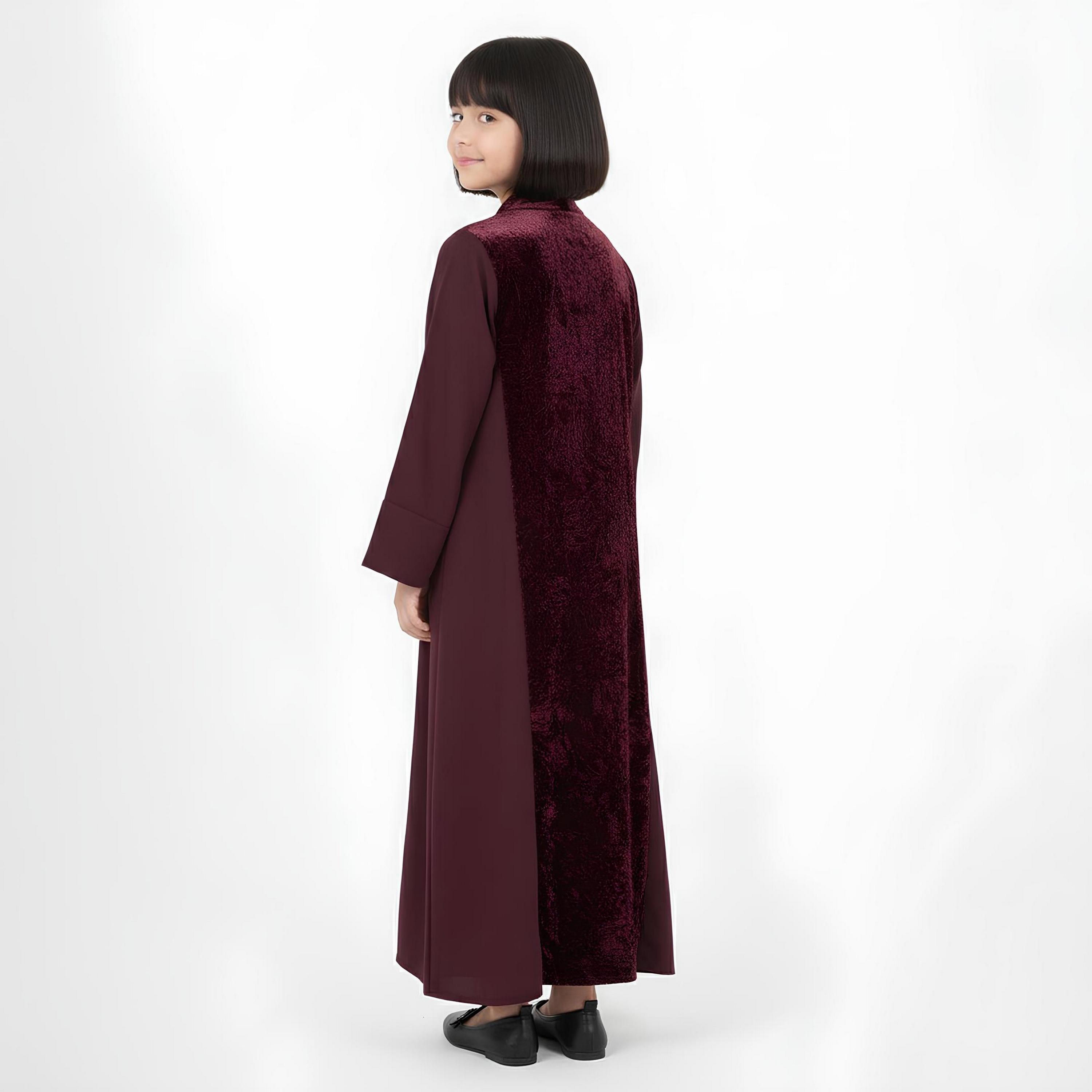 Hawraa Burgundy Dual Tone Linen Girls Abaya-girls-arabicclothing-abayas-image-4