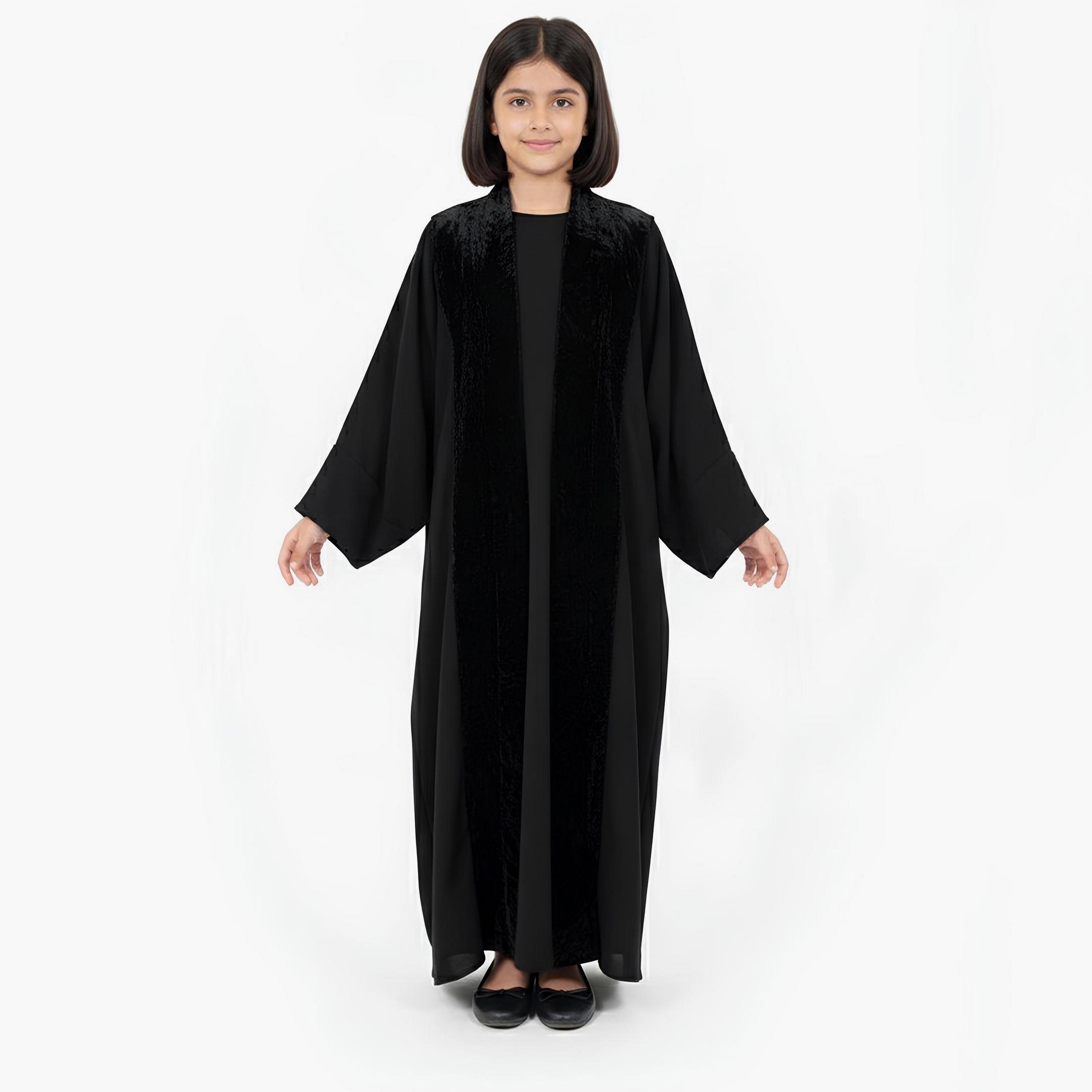 Hawraa Black Dual Tone Wide Sleeves Linen Girls Abaya-girls-arabicclothing-abayas-image-1