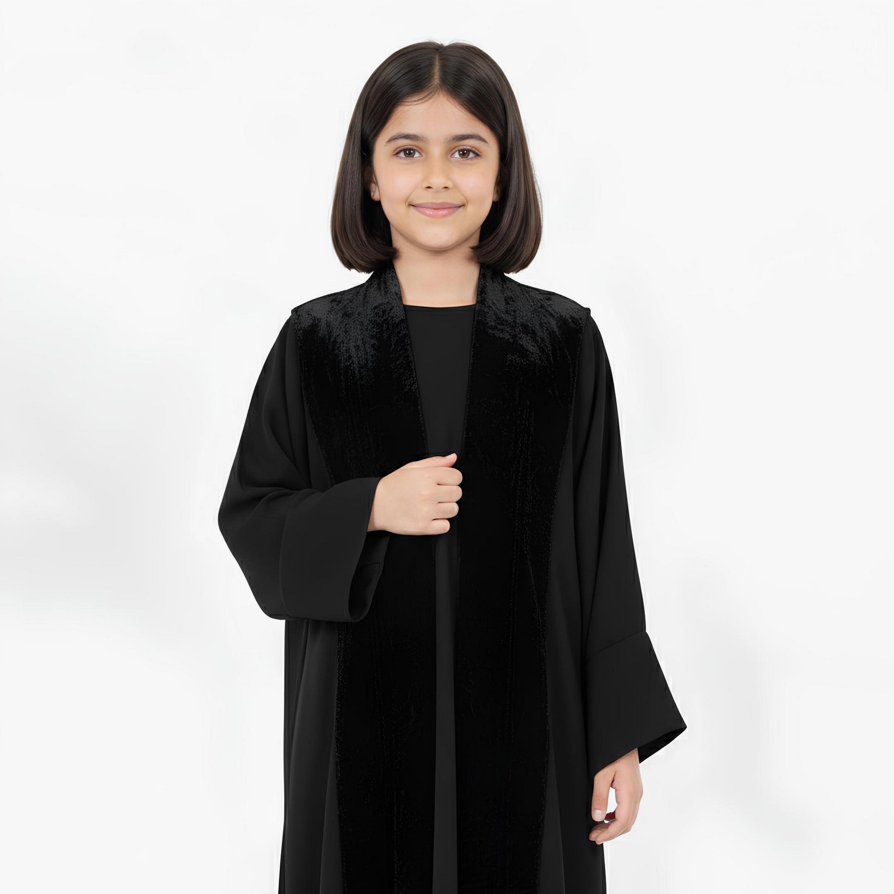 Hawraa Black Dual Tone Wide Sleeves Linen Girls Abaya-girls-arabicclothing-abayas-image-2