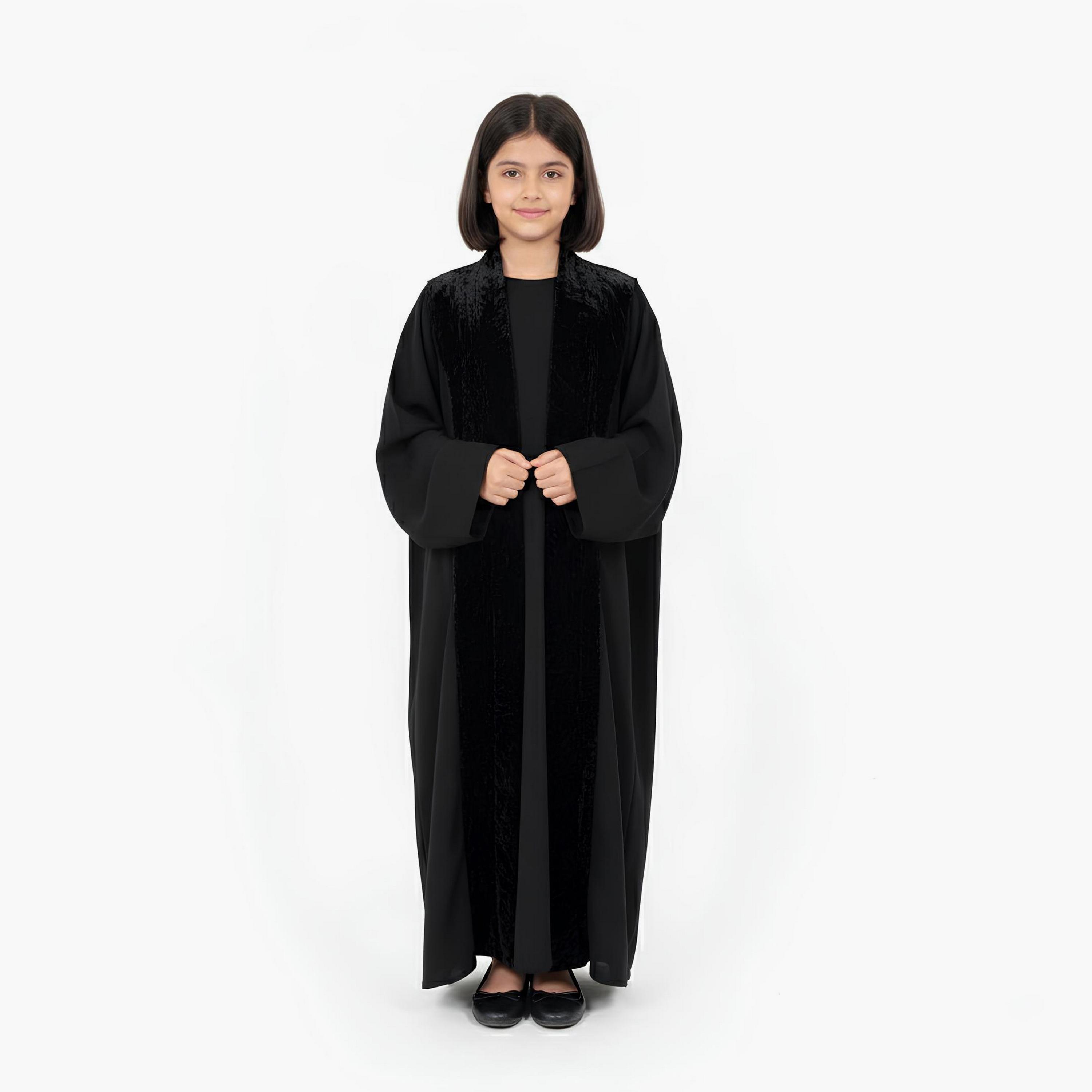 Hawraa Black Dual Tone Wide Sleeves Linen Girls Abaya-girls-arabicclothing-abayas-image-3