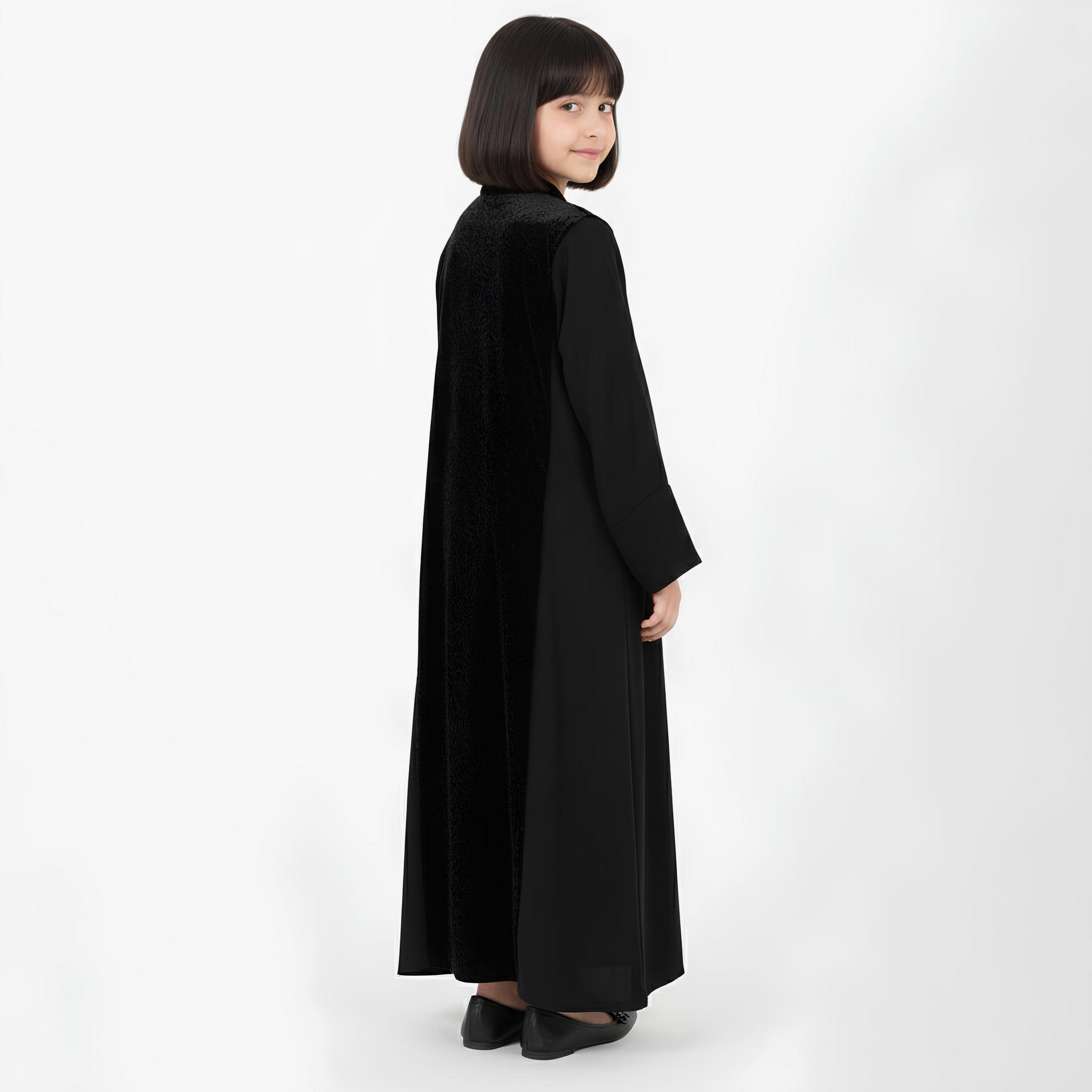Hawraa Black Dual Tone Wide Sleeves Linen Girls Abaya-girls-arabicclothing-abayas-image-4