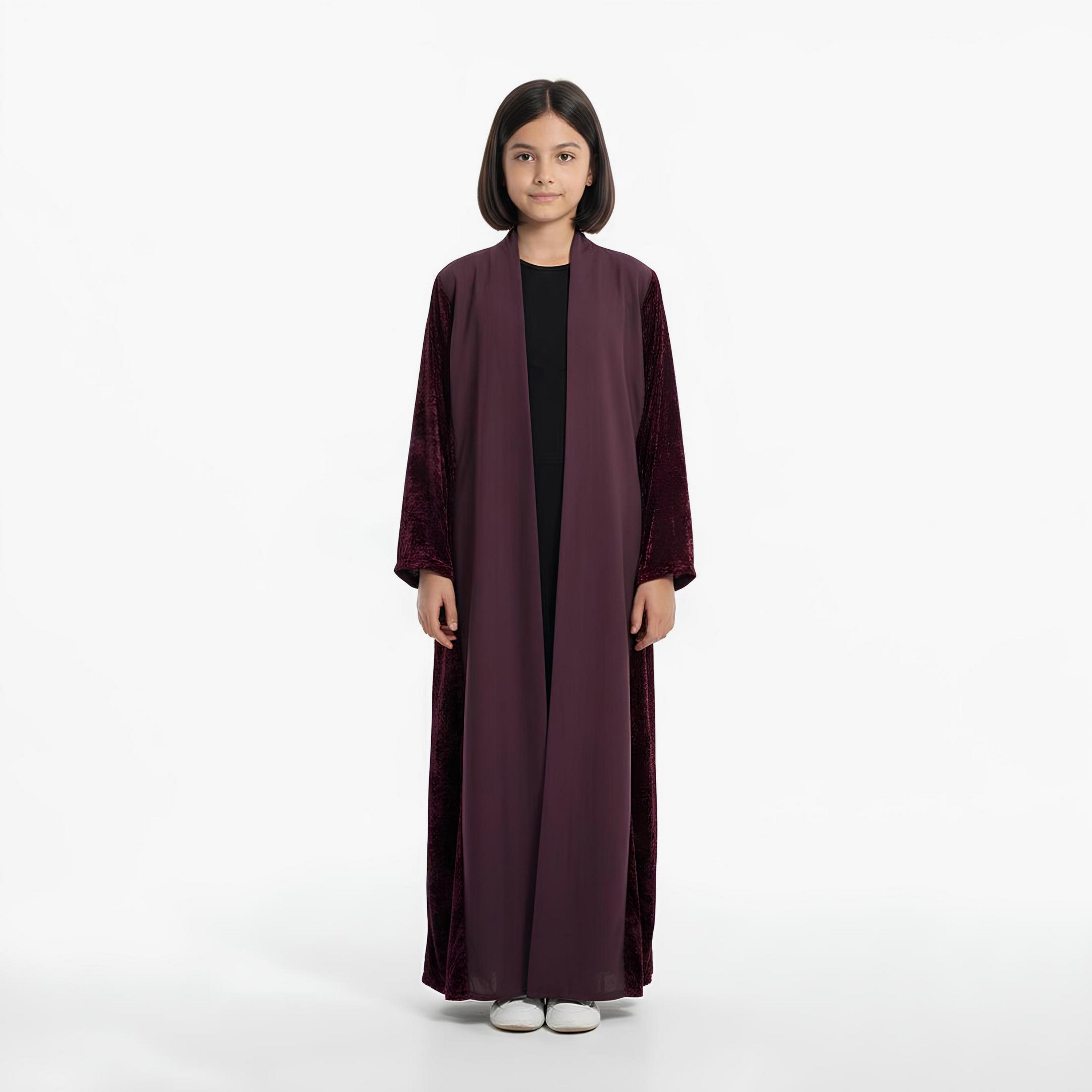 Hawraa Burgundy Dual Tone Linen Girls Abaya-girls-arabicclothing-abayas-image-1
