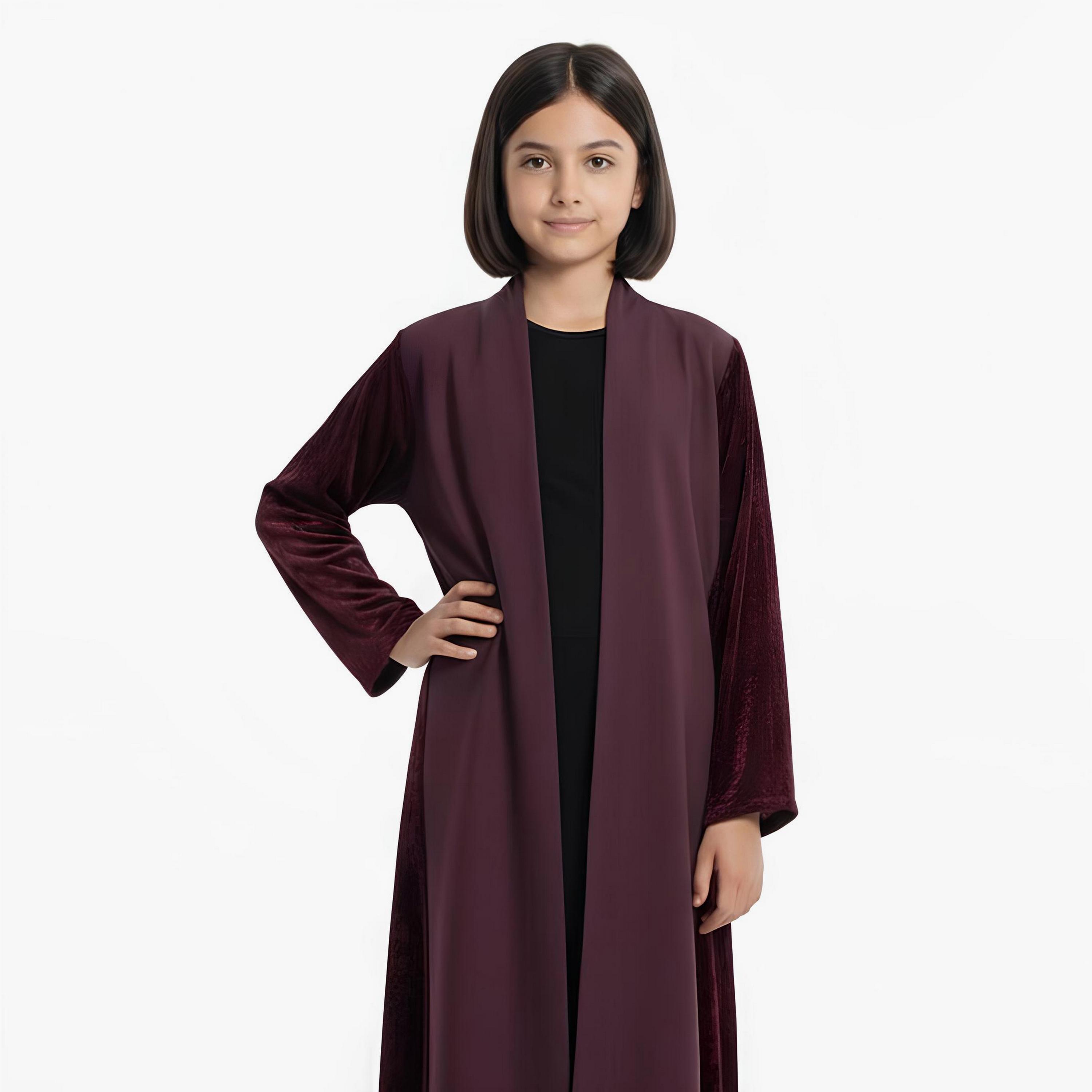 Hawraa Burgundy Dual Tone Linen Girls Abaya-girls-arabicclothing-abayas-image-2