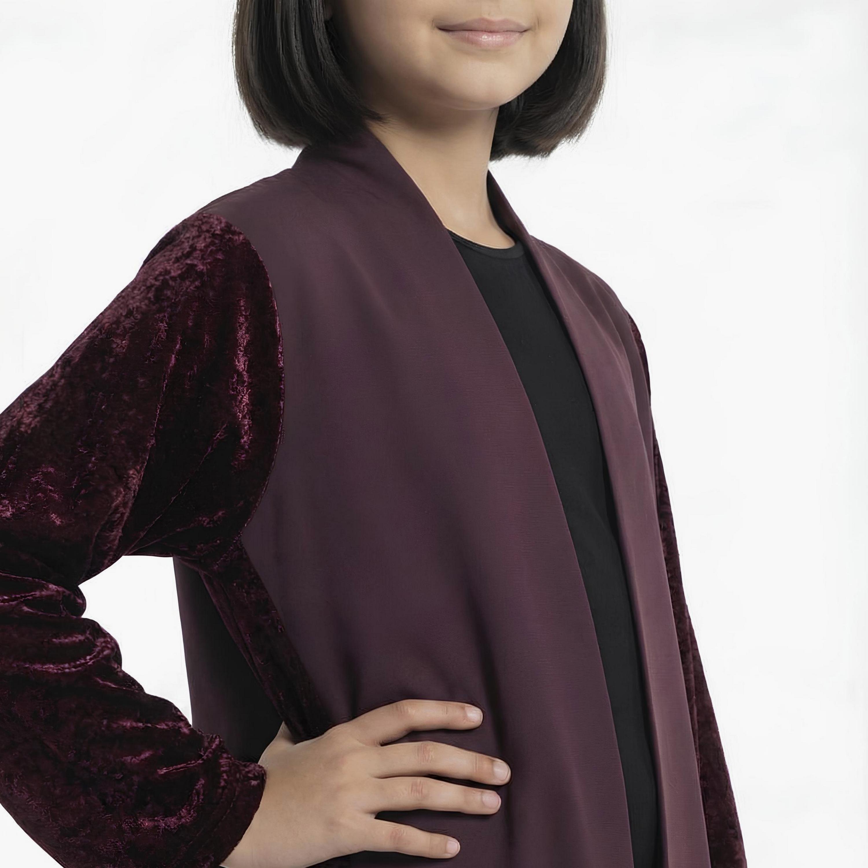 Hawraa Burgundy Dual Tone Linen Girls Abaya-girls-arabicclothing-abayas-image-3