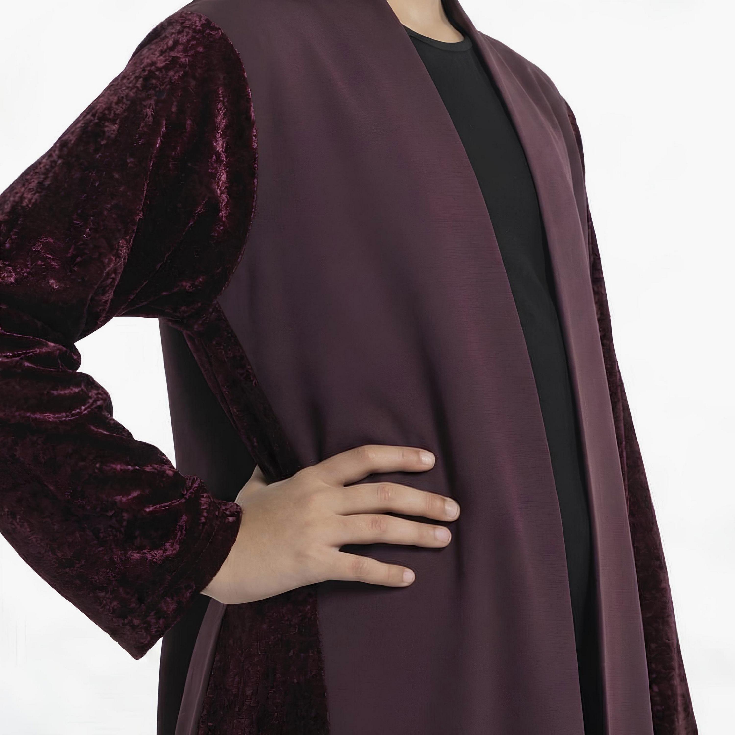 Hawraa Burgundy Dual Tone Linen Girls Abaya-girls-arabicclothing-abayas-image-4
