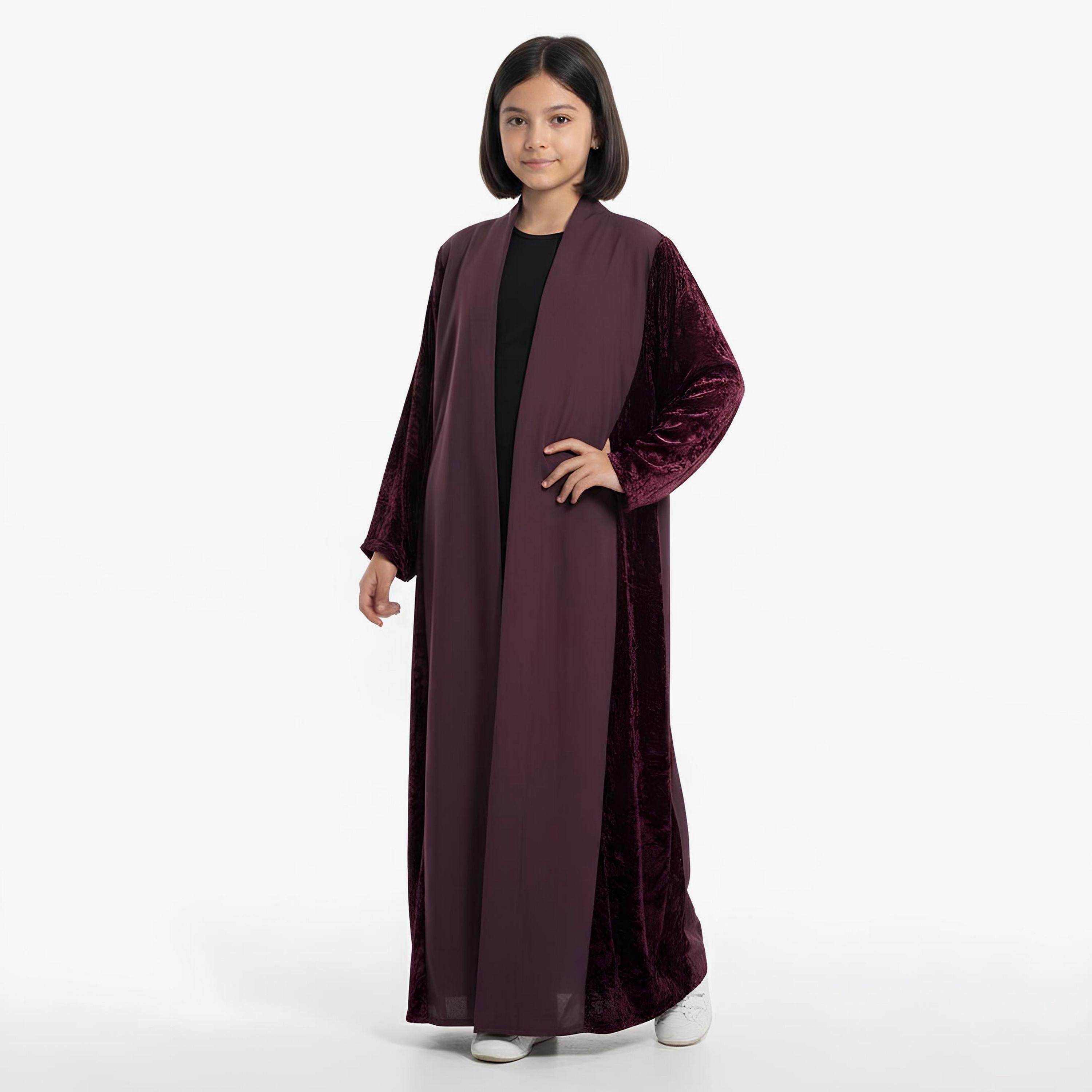 Hawraa Burgundy Dual Tone Linen Girls Abaya-girls-arabicclothing-abayas-image-5