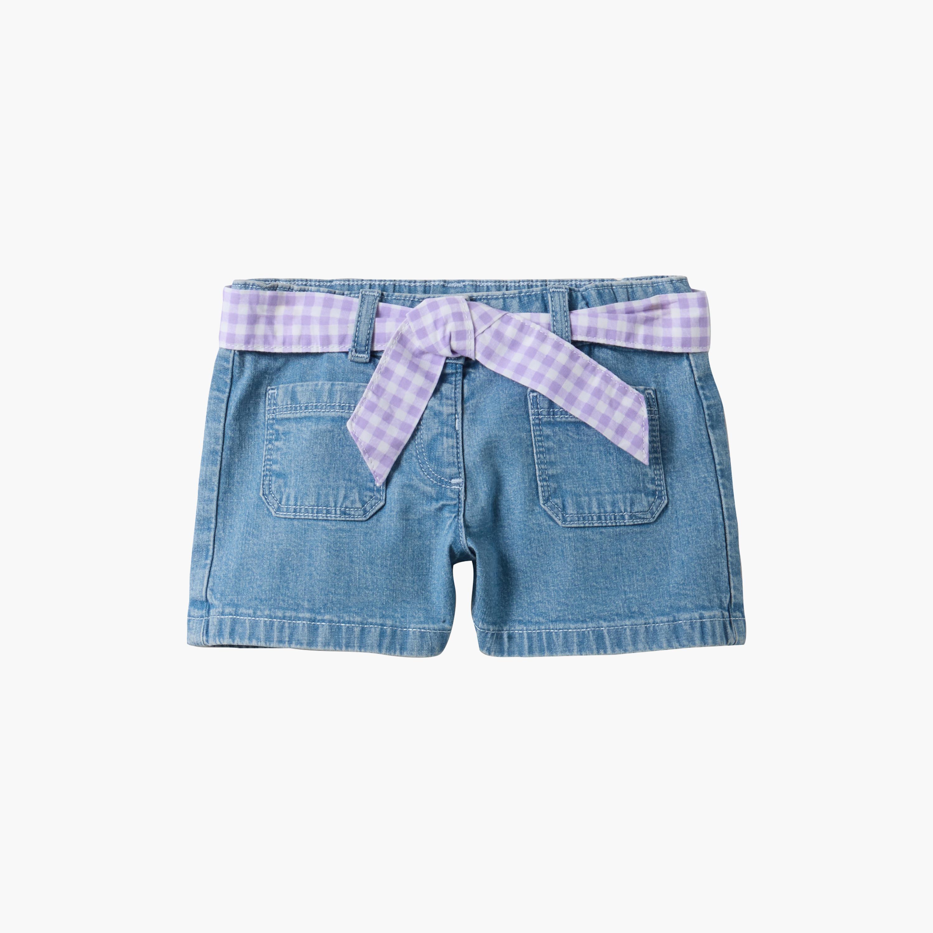 شورت جينز بأزرار وحزام بنقشة مربعات من مزيج القطن من أو في إس-baby-girls-clothing-bottoms-shorts-image-1