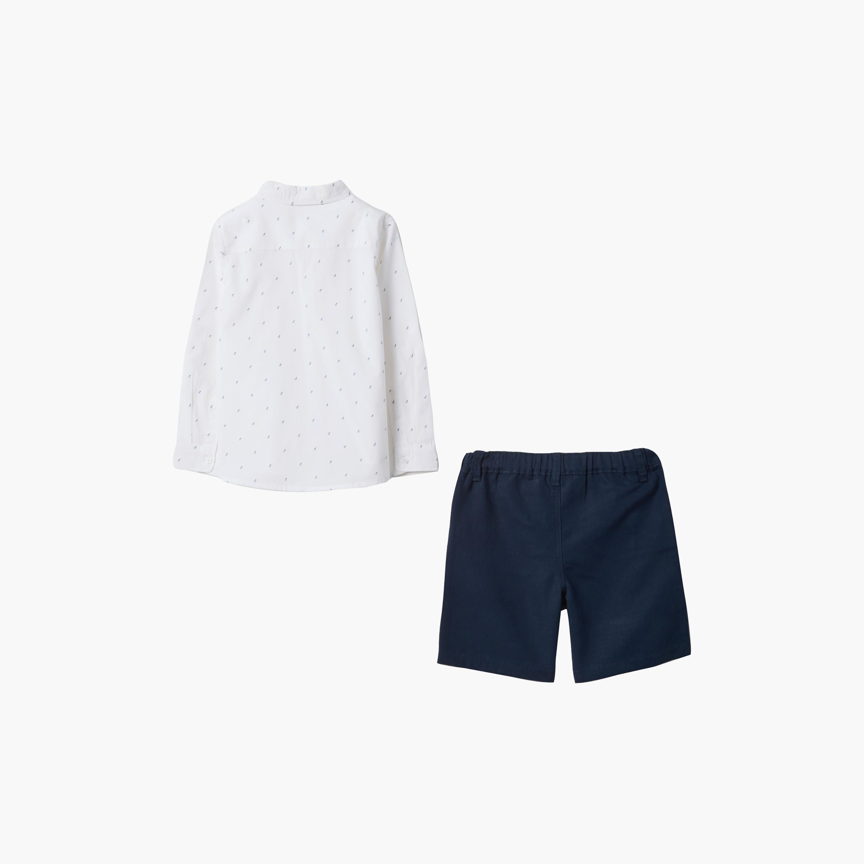 OVS Printed Long Sleeves Cotton Shirt & Shorts Set-baby-boys-clothing-setsandcoords-image-2