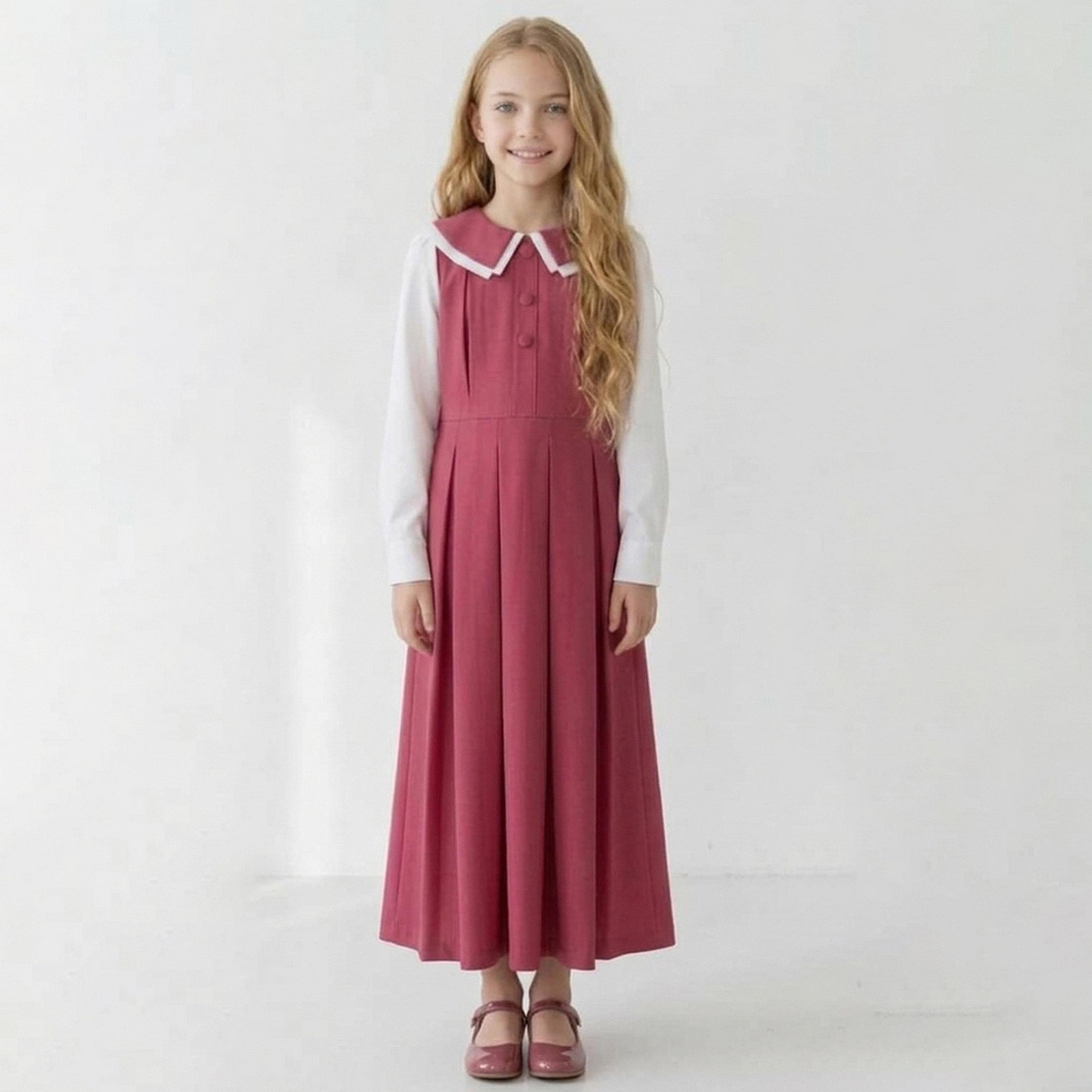 زي مدرسي رسمي كتان بياقة بيتر بان مكسرة للبنات من حوراء - وردي-girls-clothing-dressesandjumpsuits-image-1