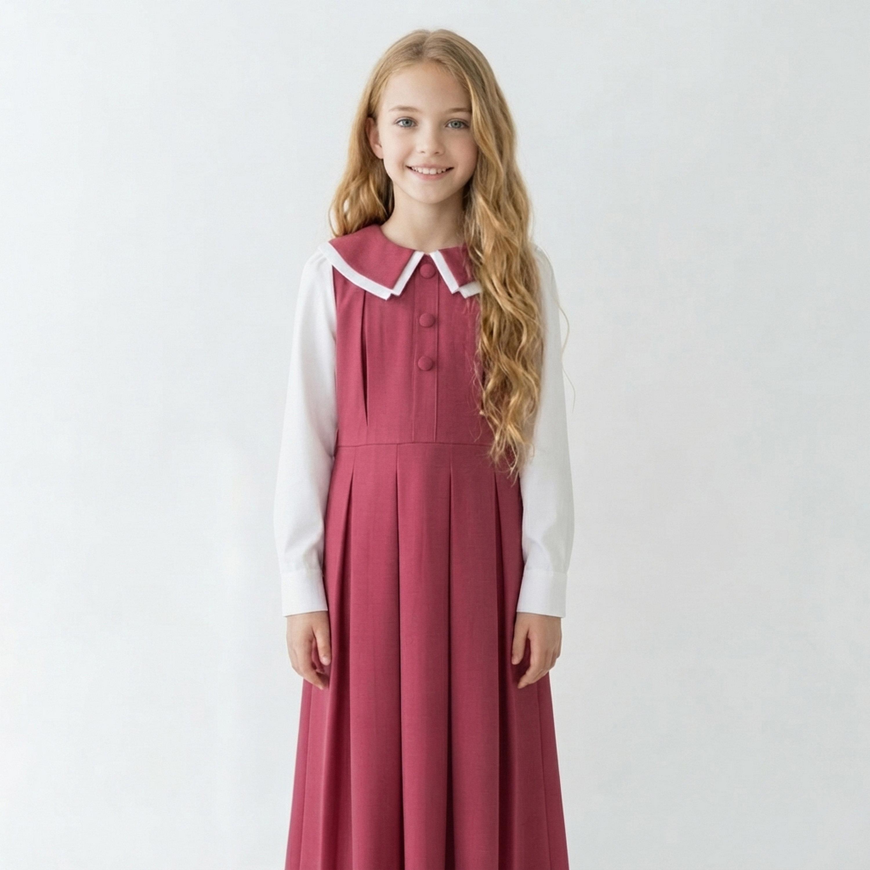 زي مدرسي رسمي كتان بياقة بيتر بان مكسرة للبنات من حوراء - وردي-girls-clothing-dressesandjumpsuits-image-4