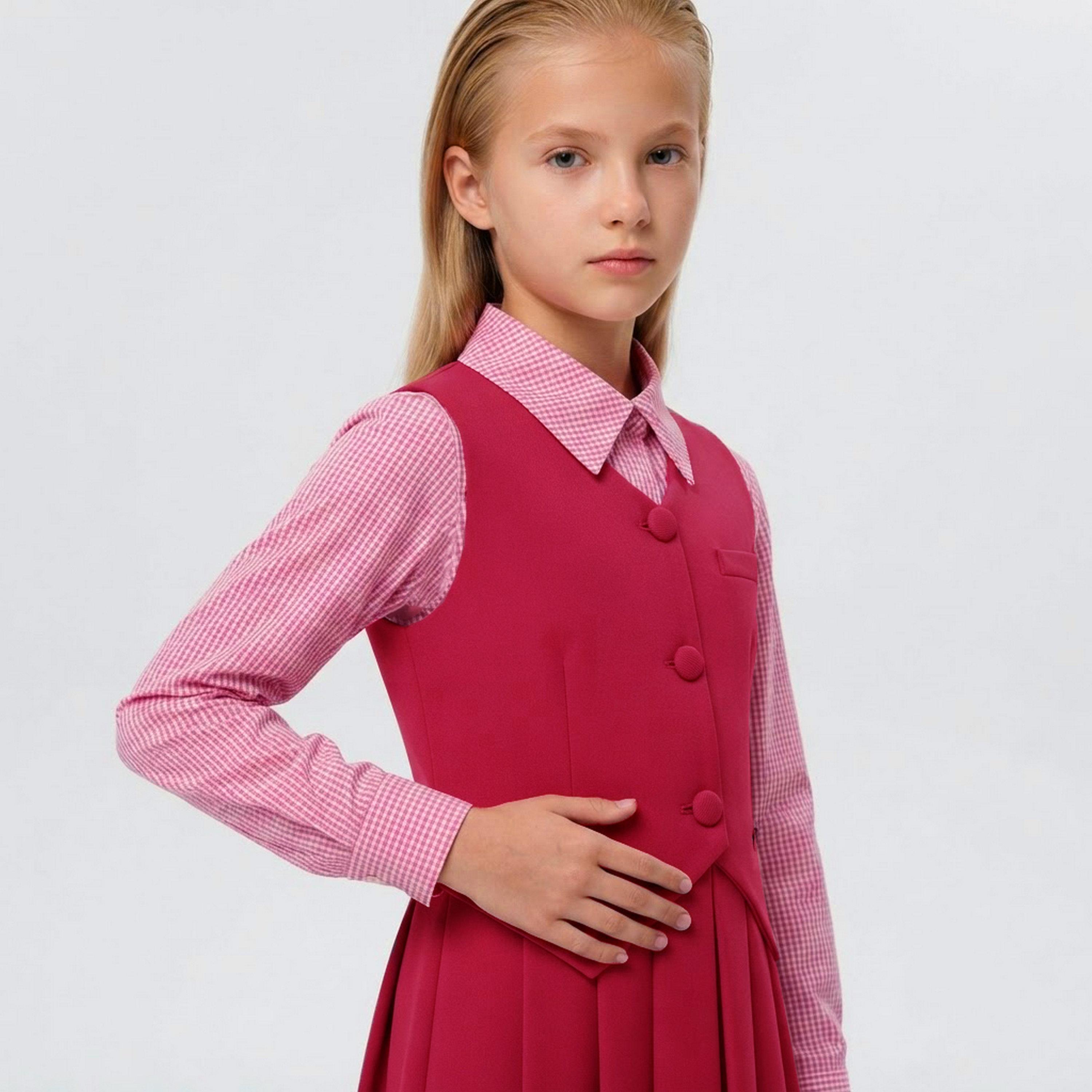 طقم مدرسي رسمي قميص كتان وتنورة مع فيست للبنات من حوراء - وردي-girls-clothing-dressesandjumpsuits-image-2