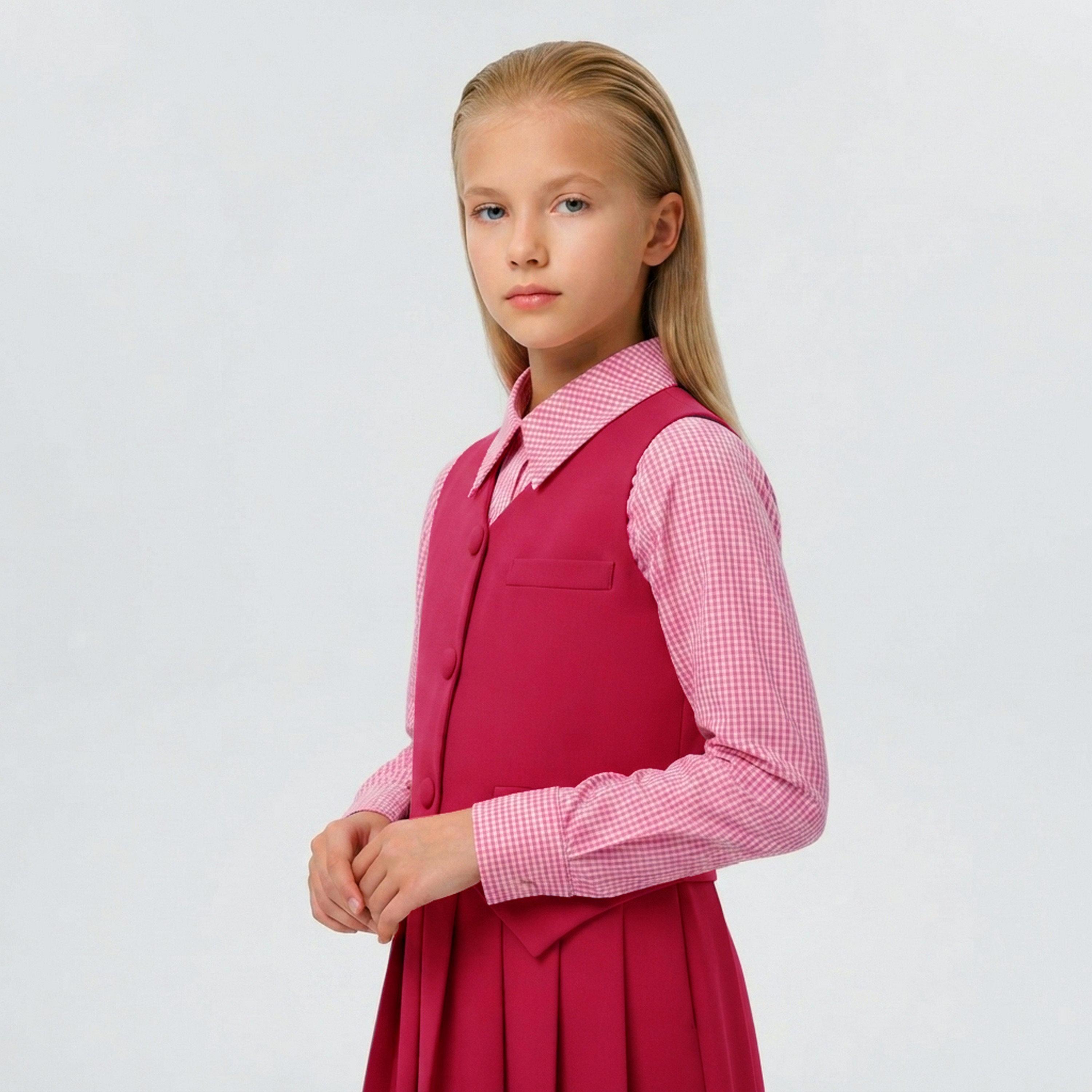 طقم مدرسي رسمي قميص كتان وتنورة مع فيست للبنات من حوراء - وردي-girls-clothing-dressesandjumpsuits-image-3