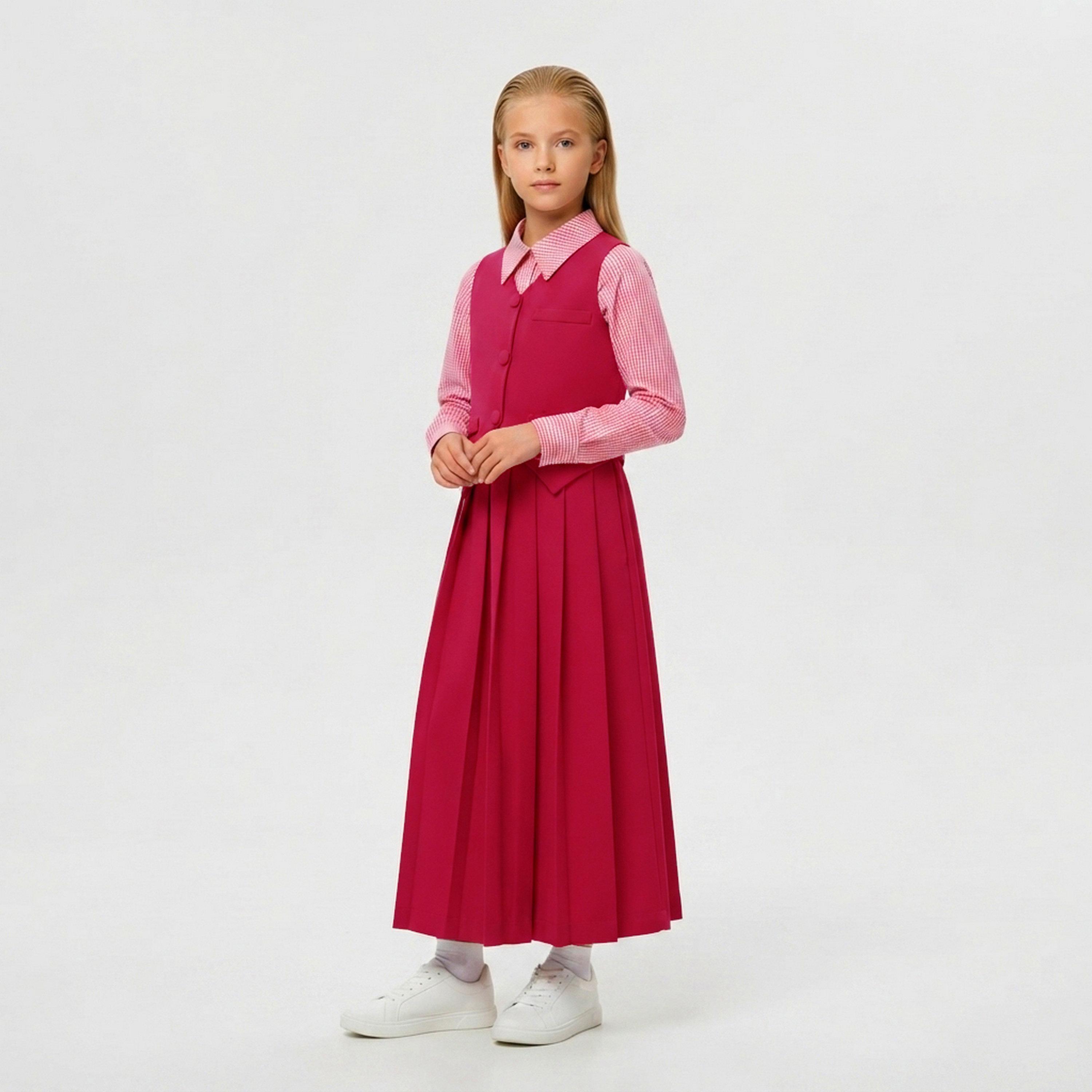 طقم مدرسي رسمي قميص كتان وتنورة مع فيست للبنات من حوراء - وردي-girls-clothing-dressesandjumpsuits-image-4