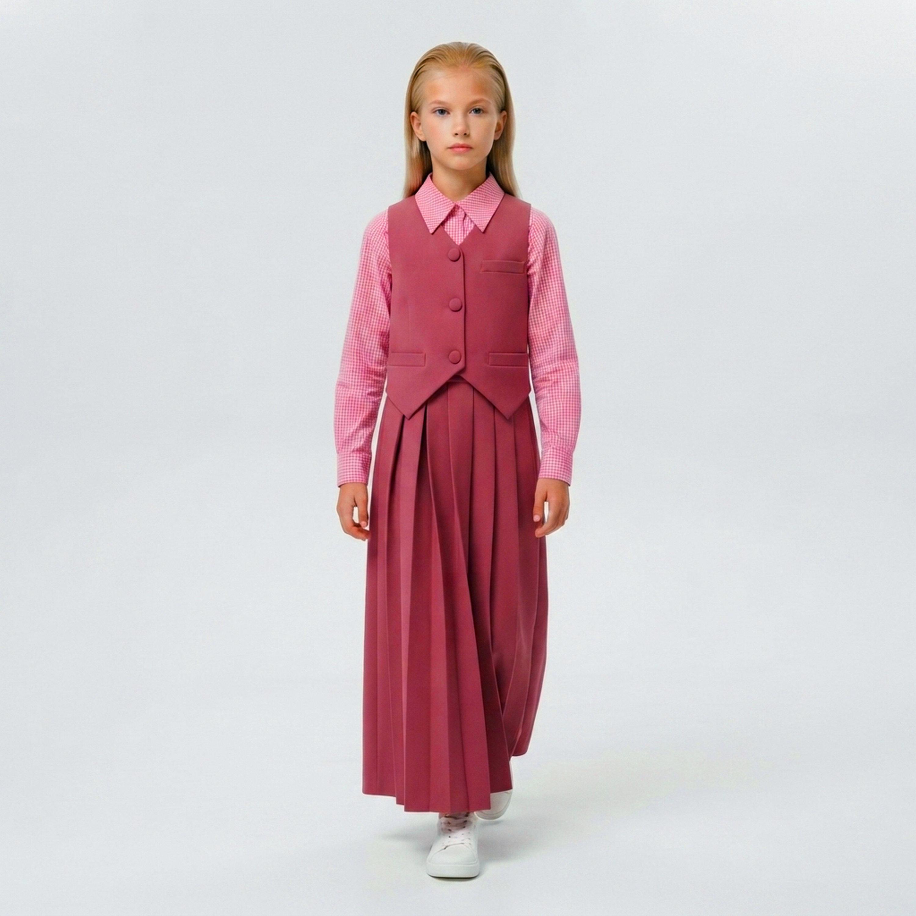 طقم مدرسي رسمي قميص كتان وتنورة مع فيست للبنات من حوراء - وردي-girls-clothing-dressesandjumpsuits-image-1