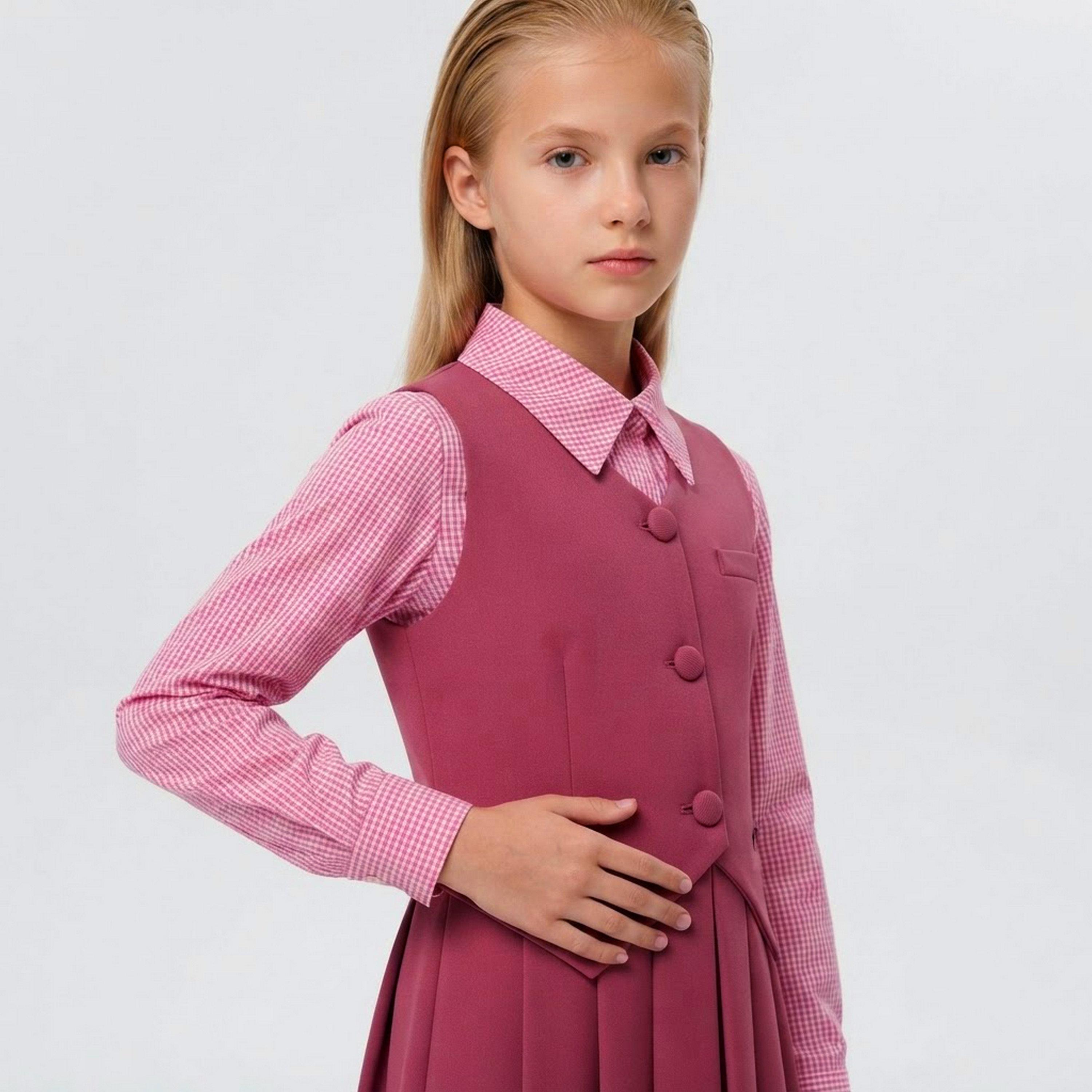 طقم مدرسي رسمي قميص كتان وتنورة مع فيست للبنات من حوراء - وردي-girls-clothing-dressesandjumpsuits-image-3