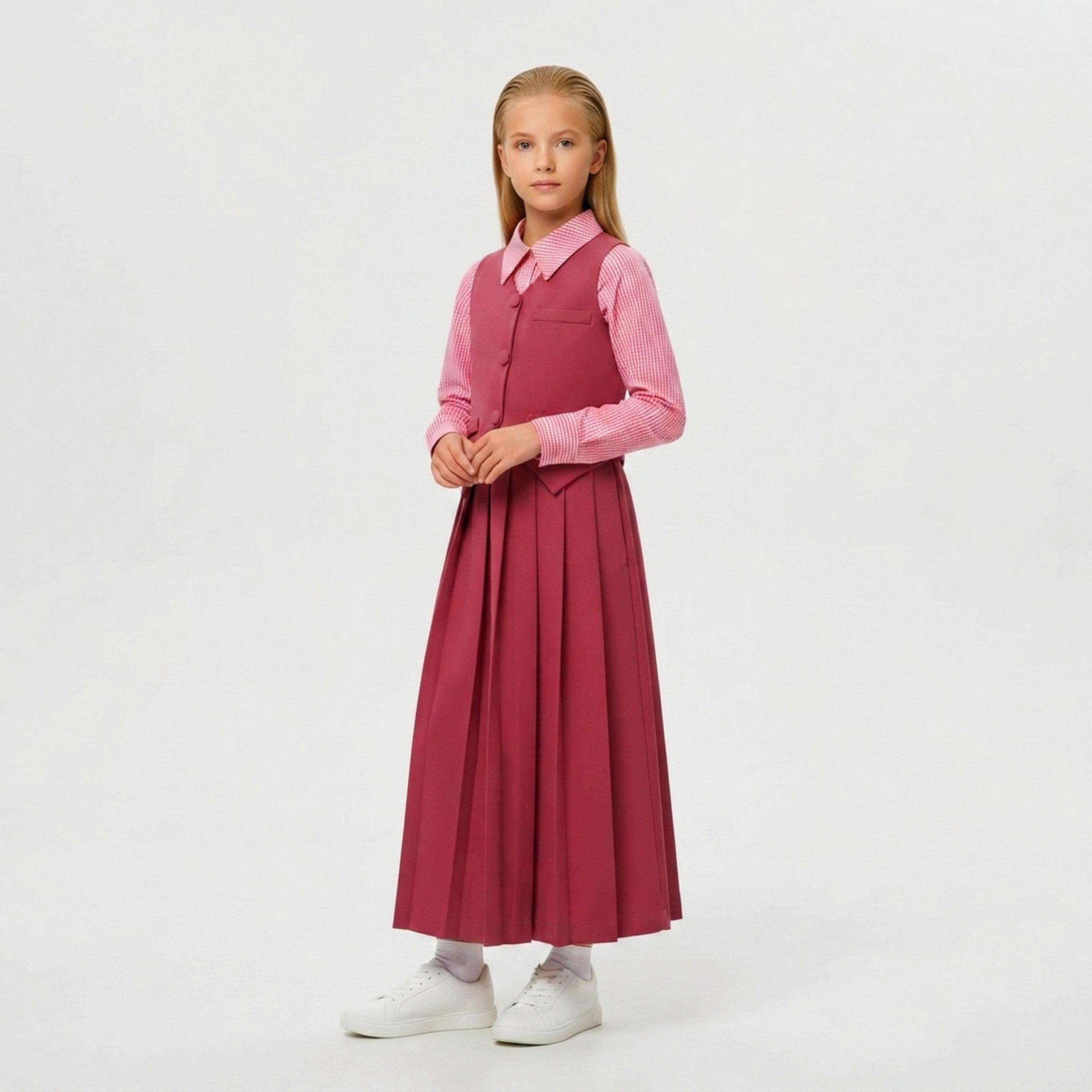 طقم مدرسي رسمي قميص كتان وتنورة مع فيست للبنات من حوراء - وردي-girls-clothing-dressesandjumpsuits-image-4