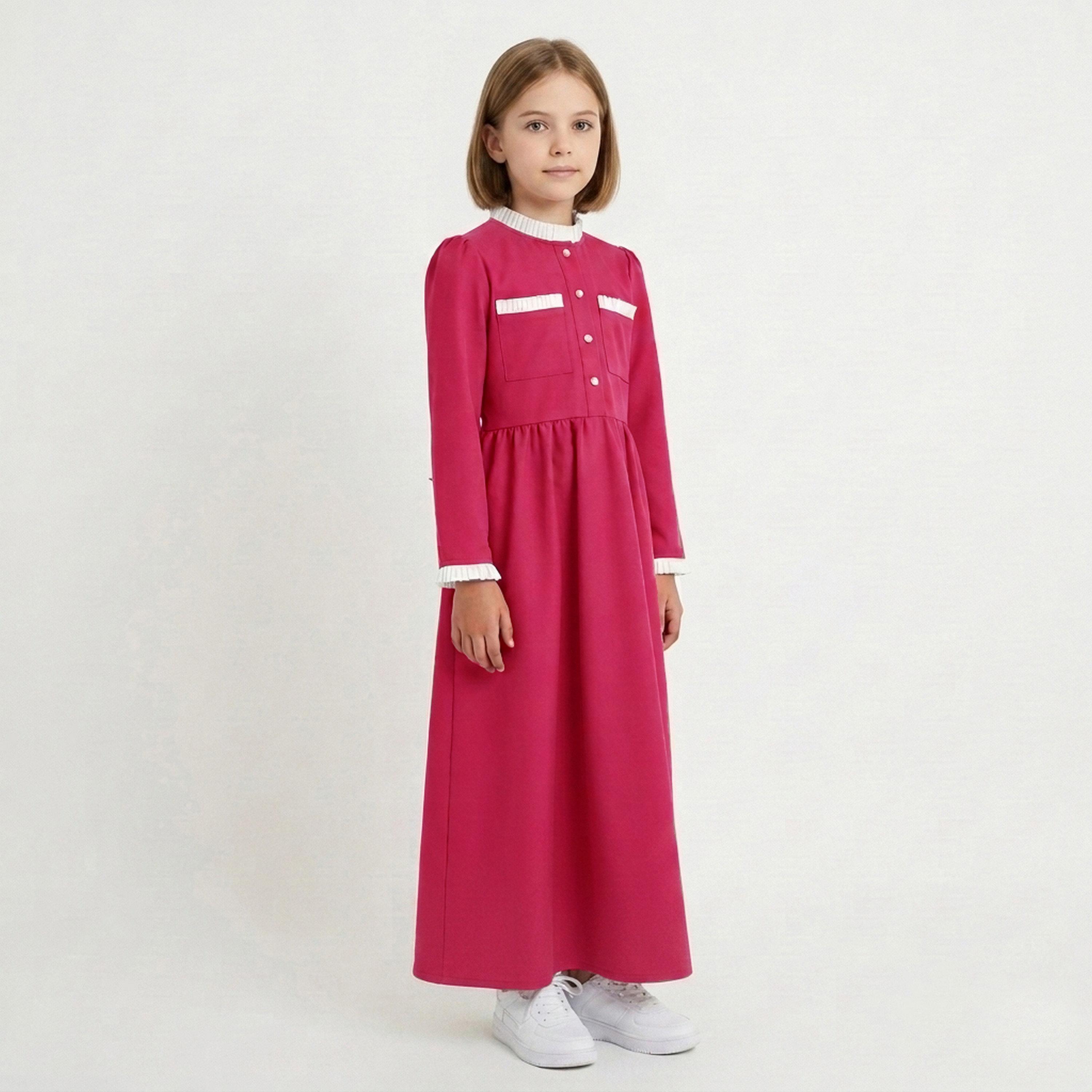 زي مدرسي رسمي كتان بياقة كشكش وأشرطة متباينة للبنات من حوراء - وردي-girls-clothing-dressesandjumpsuits-image-1
