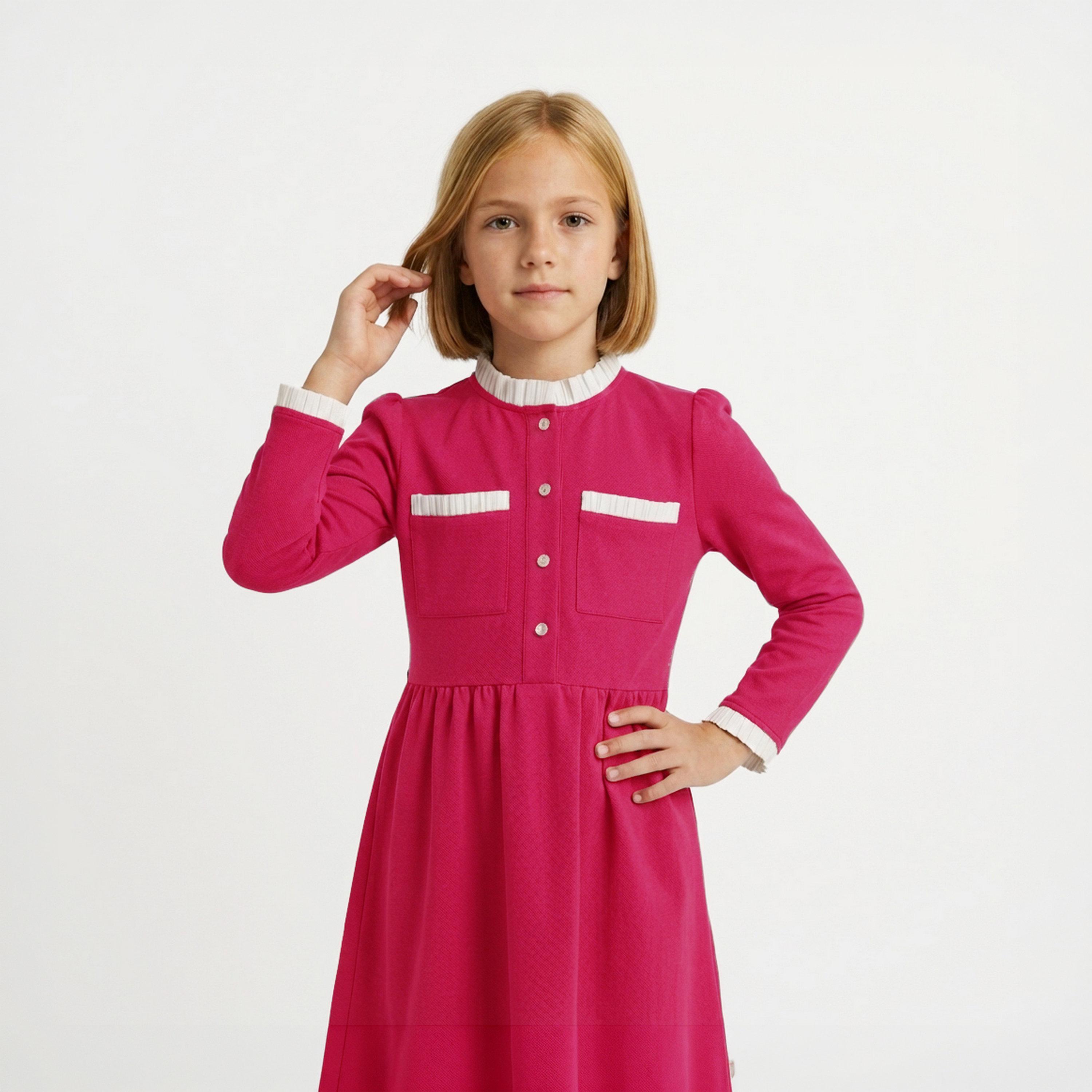 زي مدرسي رسمي كتان بياقة كشكش وأشرطة متباينة للبنات من حوراء - وردي-girls-clothing-dressesandjumpsuits-image-2