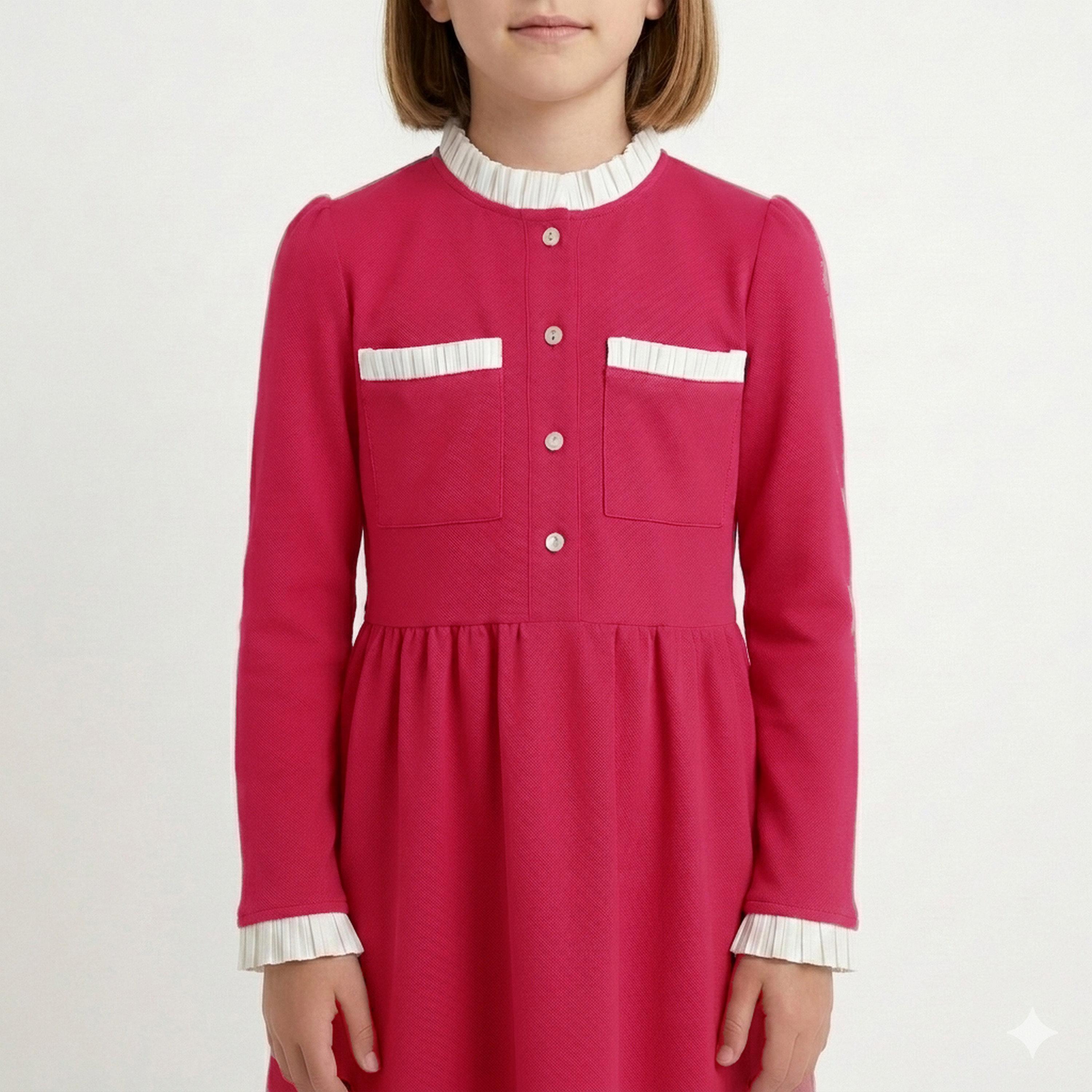 زي مدرسي رسمي كتان بياقة كشكش وأشرطة متباينة للبنات من حوراء - وردي-girls-clothing-dressesandjumpsuits-image-4
