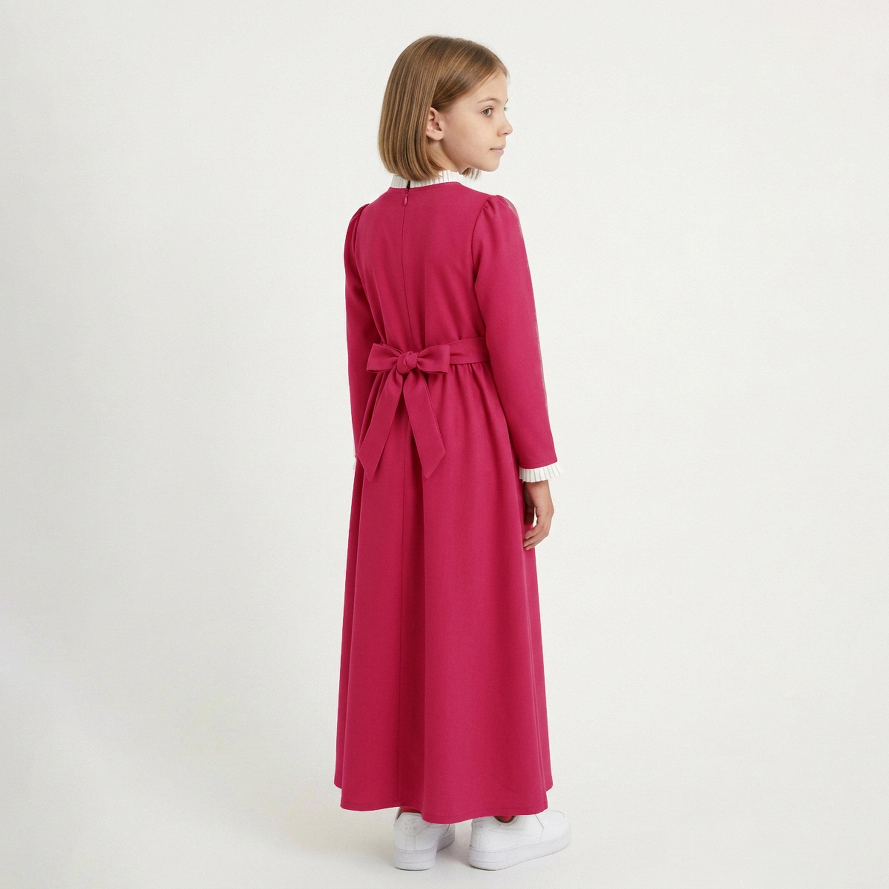 زي مدرسي رسمي كتان بياقة كشكش وأشرطة متباينة للبنات من حوراء - وردي-girls-clothing-dressesandjumpsuits-image-5