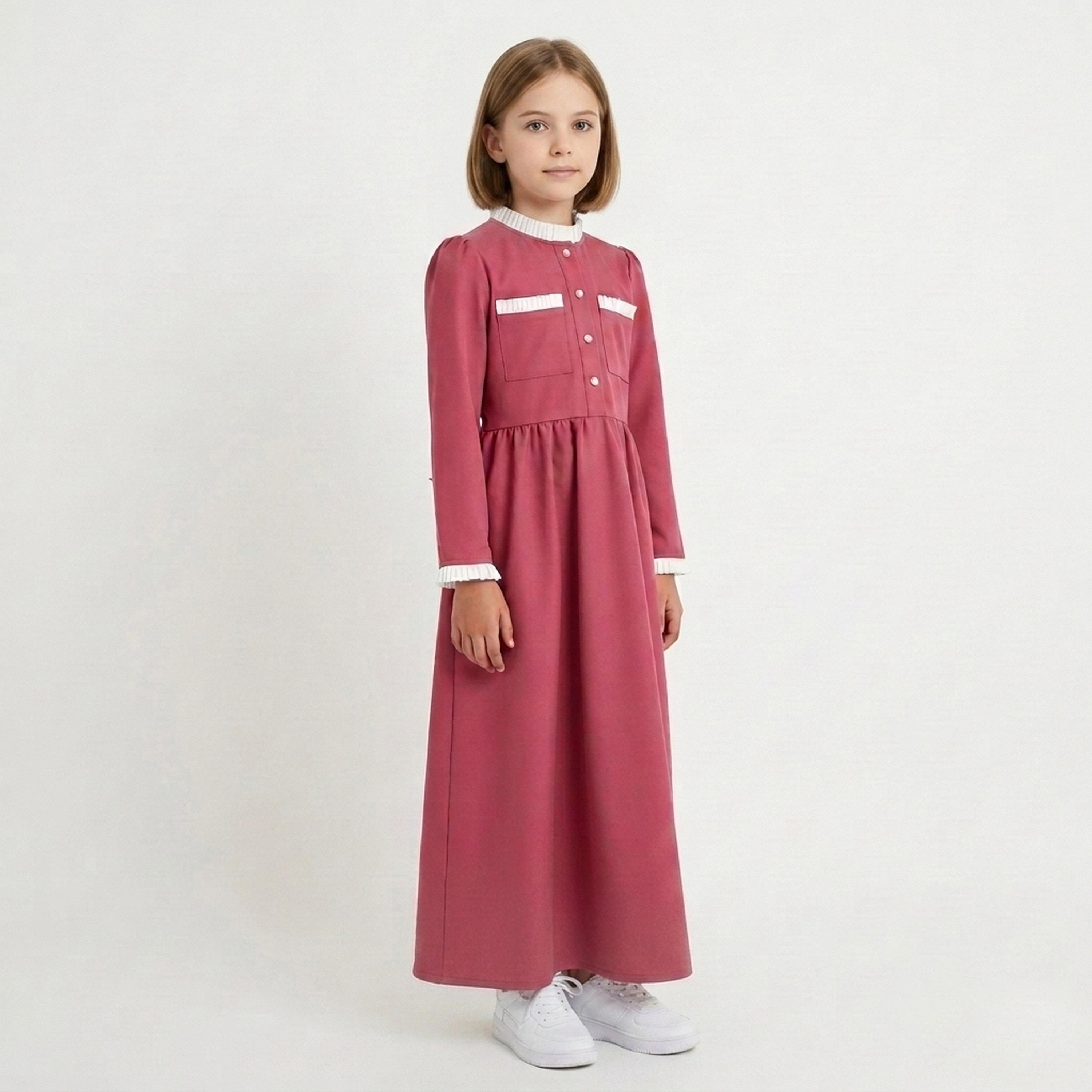 زي مدرسي رسمي كتان بياقة كشكش وأشرطة متباينة للبنات من حوراء - وردي-girls-clothing-dressesandjumpsuits-image-1