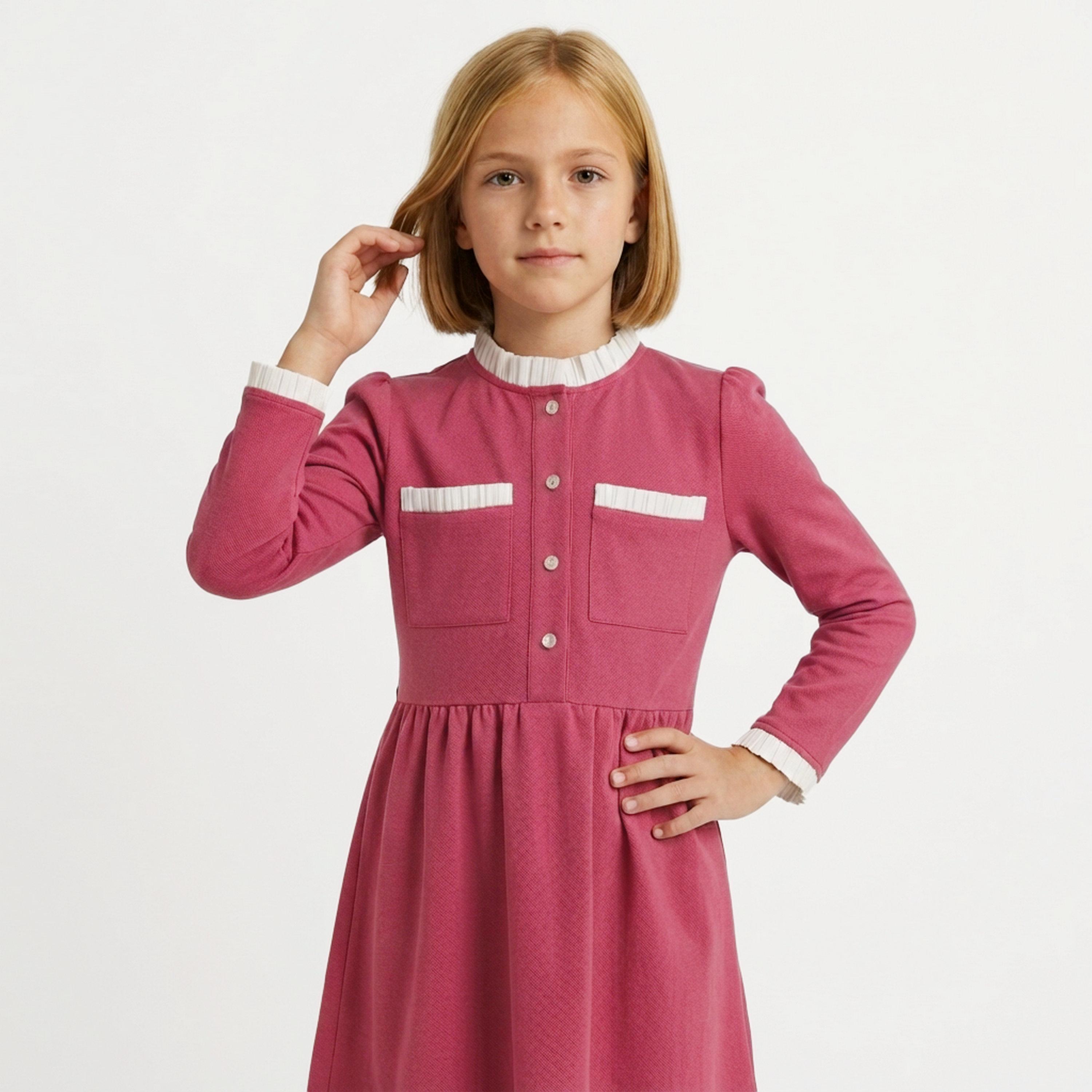 زي مدرسي رسمي كتان بياقة كشكش وأشرطة متباينة للبنات من حوراء - وردي-girls-clothing-dressesandjumpsuits-image-2