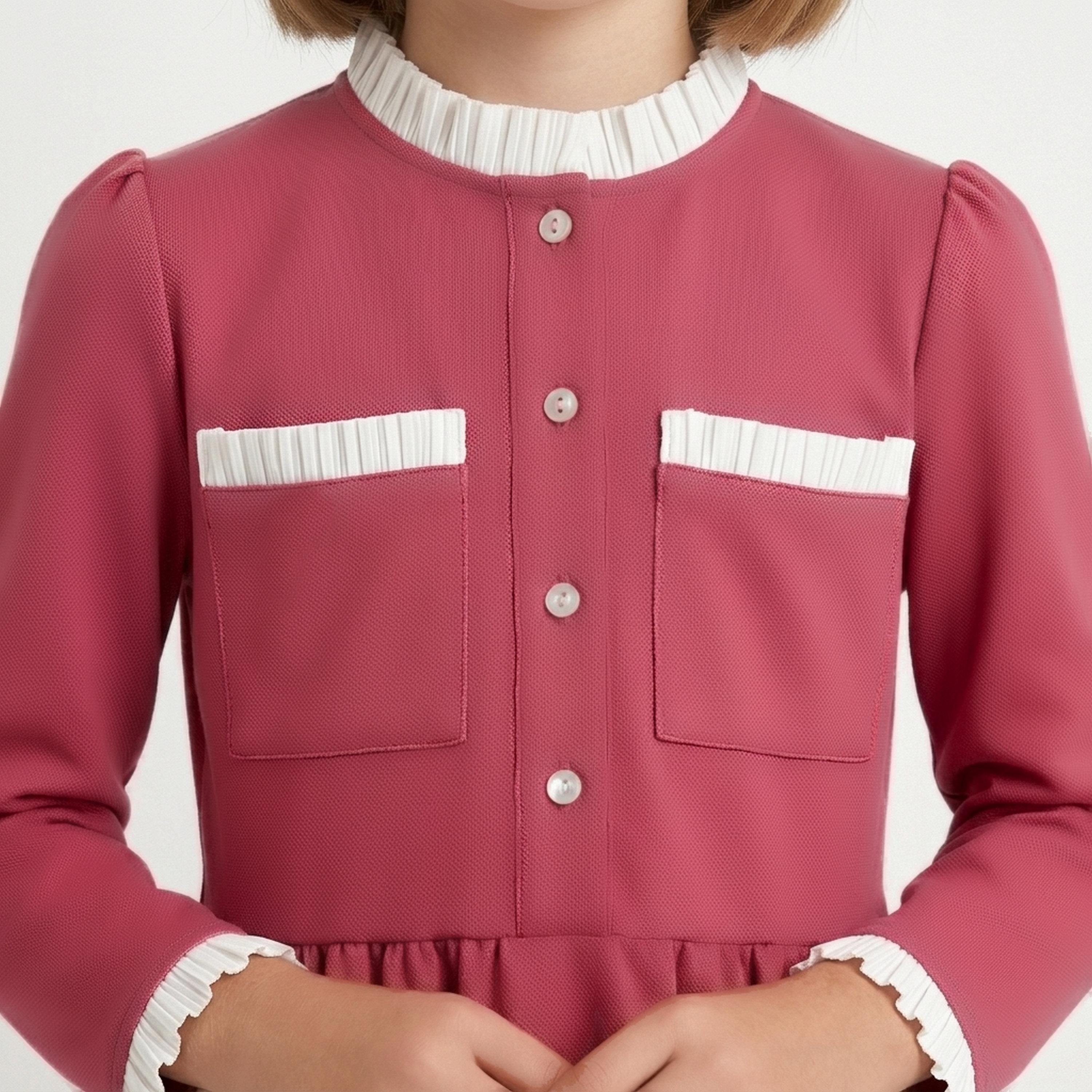زي مدرسي رسمي كتان بياقة كشكش وأشرطة متباينة للبنات من حوراء - وردي-girls-clothing-dressesandjumpsuits-image-3