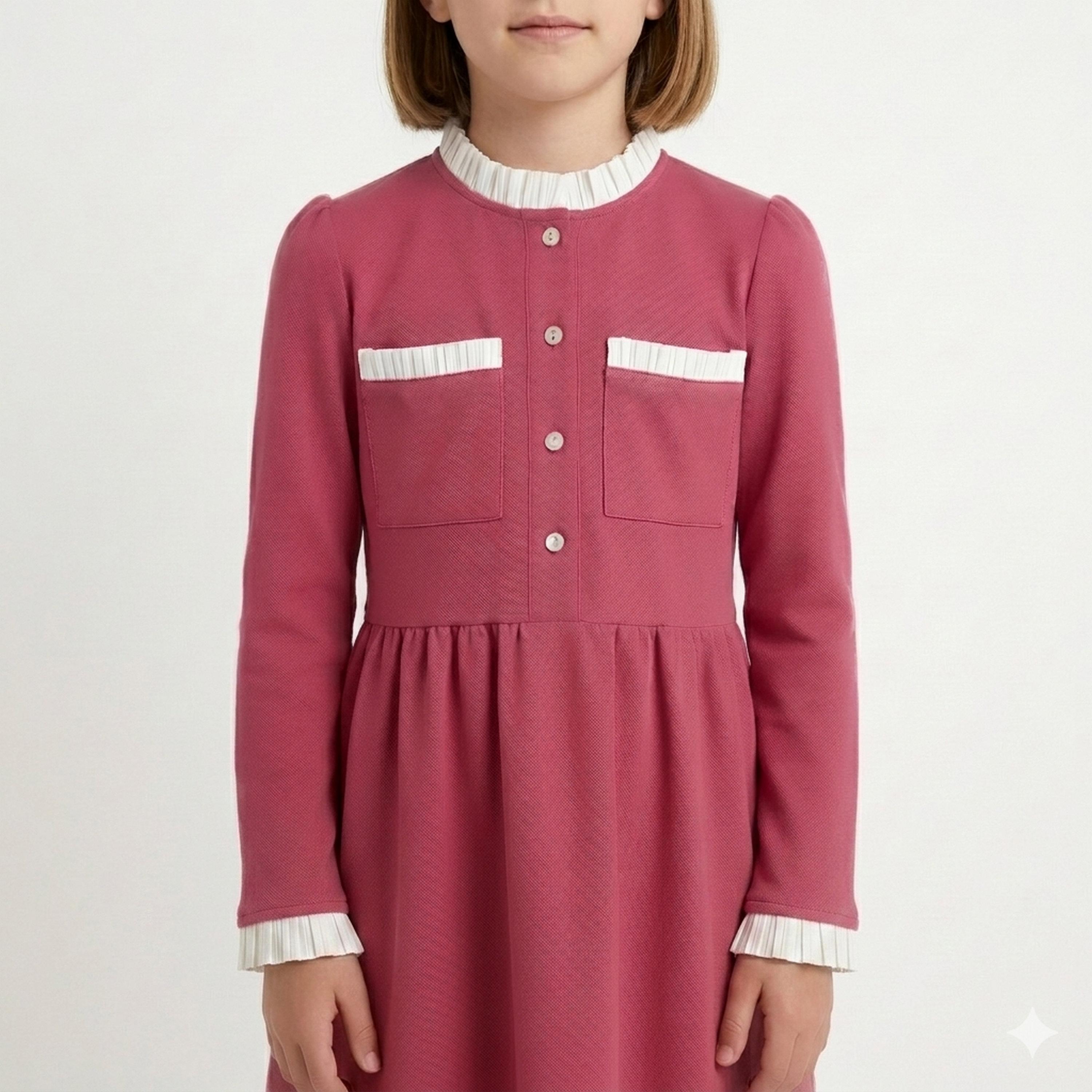 زي مدرسي رسمي كتان بياقة كشكش وأشرطة متباينة للبنات من حوراء - وردي-girls-clothing-dressesandjumpsuits-image-4