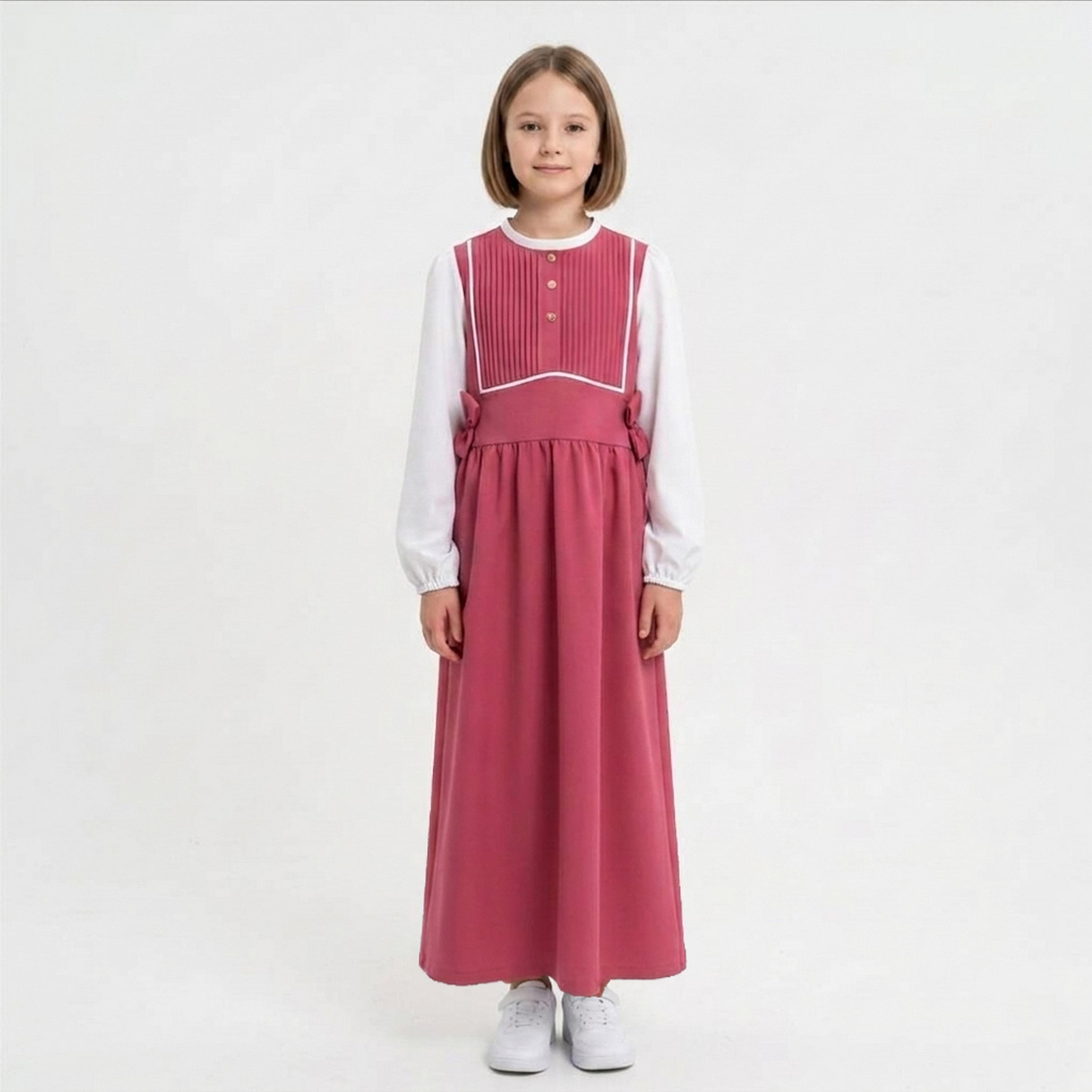 زي مدرسي رسمي كتان بقصة صدر مزمومة (بينتك) للبنات من حوراء-girls-clothing-dressesandjumpsuits-image-1