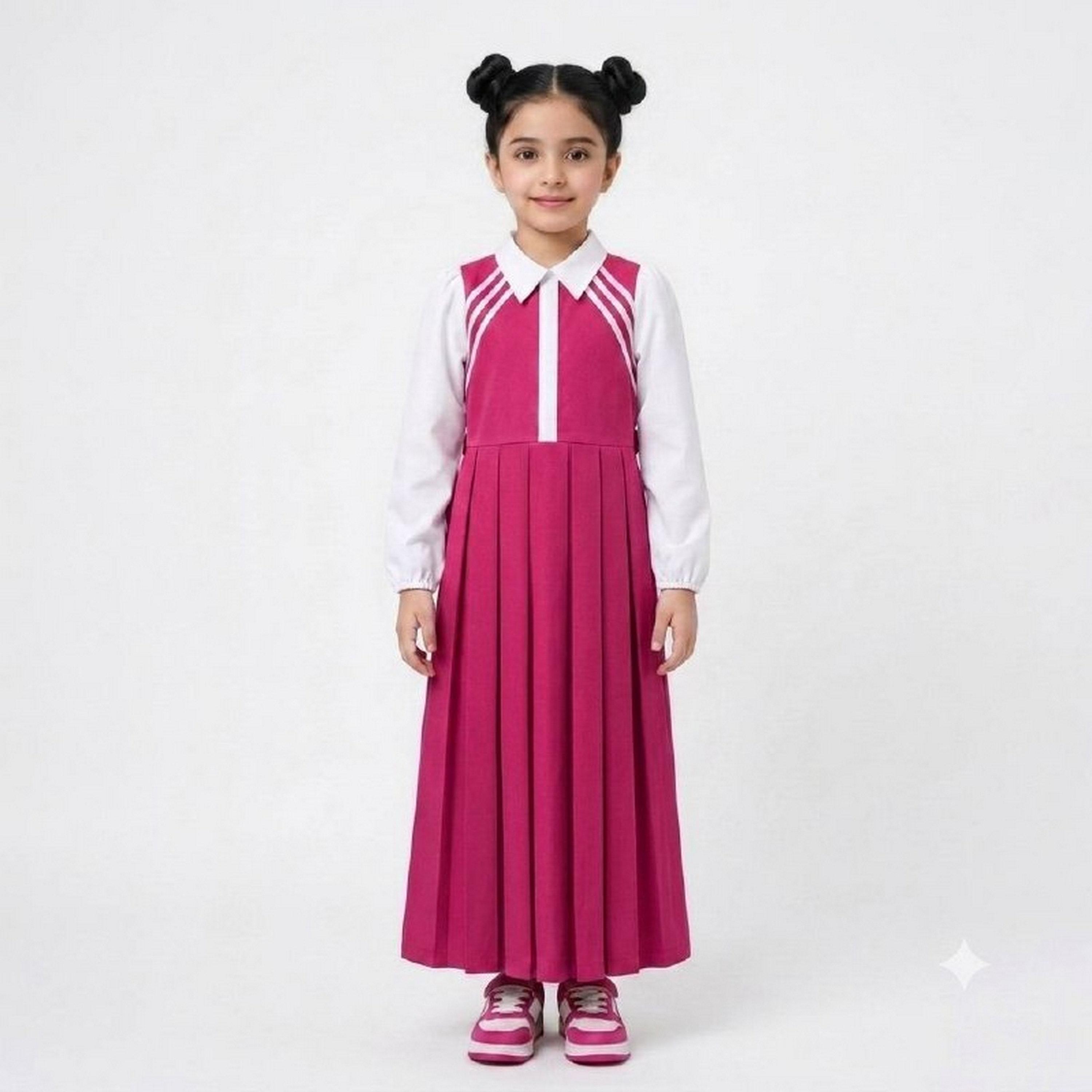 زي مدرسي رسمي كتان بياقة متباينة مكسرة للبنات من حوراء - وردي-girls-clothing-dressesandjumpsuits-image-1