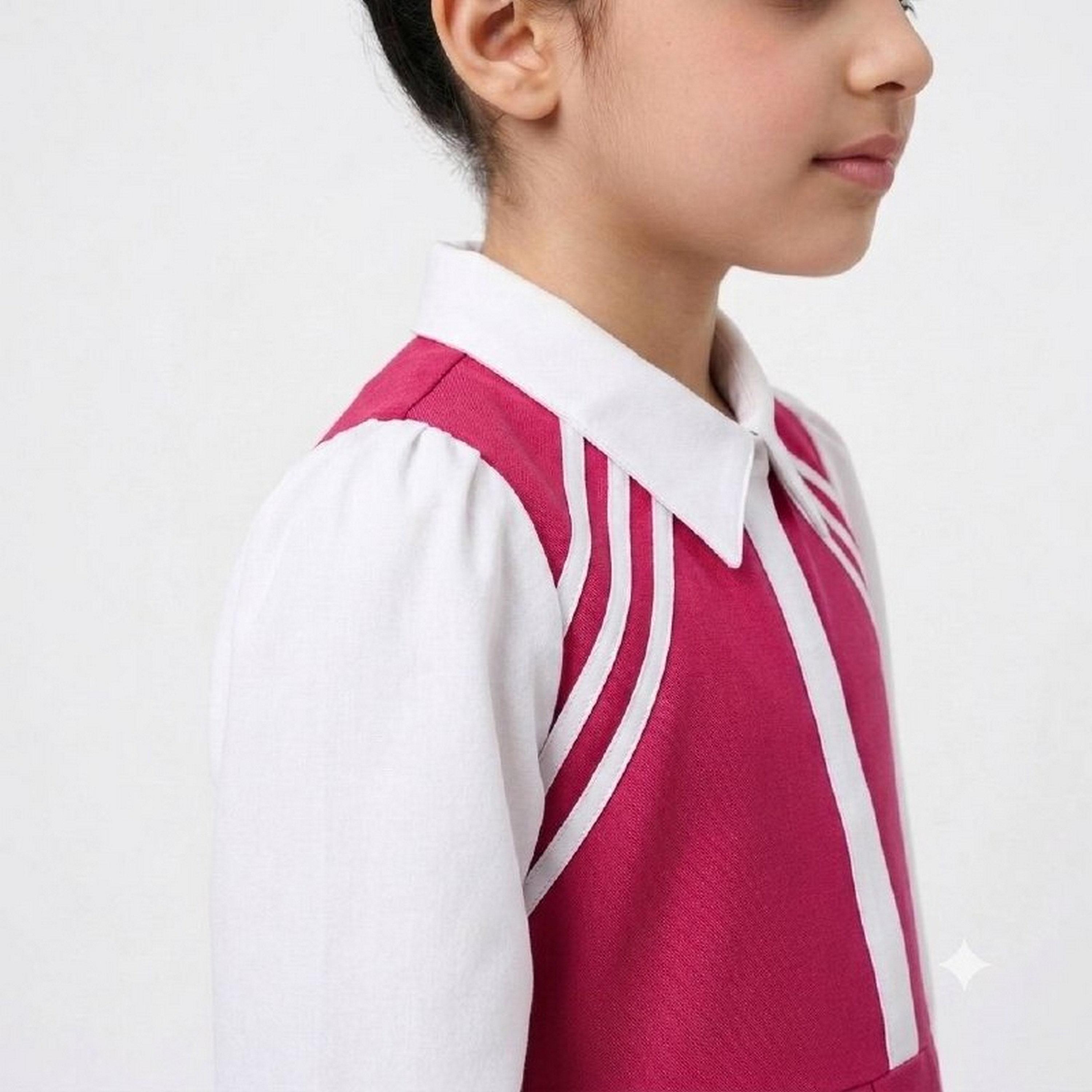 زي مدرسي رسمي كتان بياقة متباينة مكسرة للبنات من حوراء - وردي-girls-clothing-dressesandjumpsuits-image-3