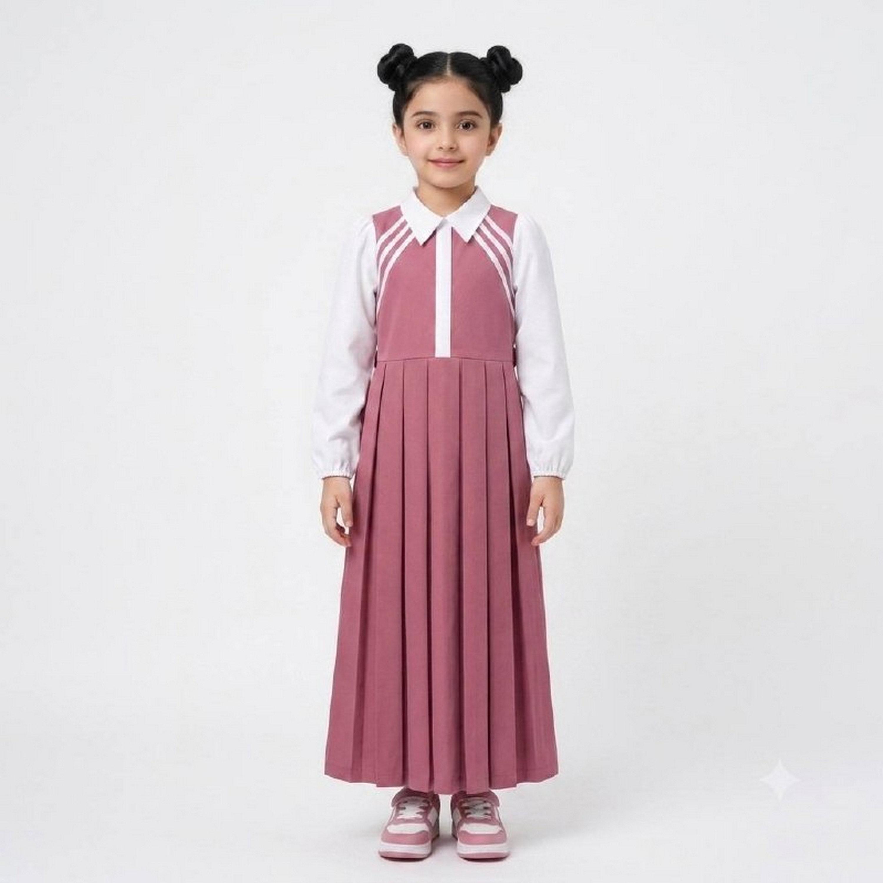 زي مدرسي رسمي كتان بياقة متباينة مكسرة للبنات من حوراء - وردي-girls-clothing-dressesandjumpsuits-image-1